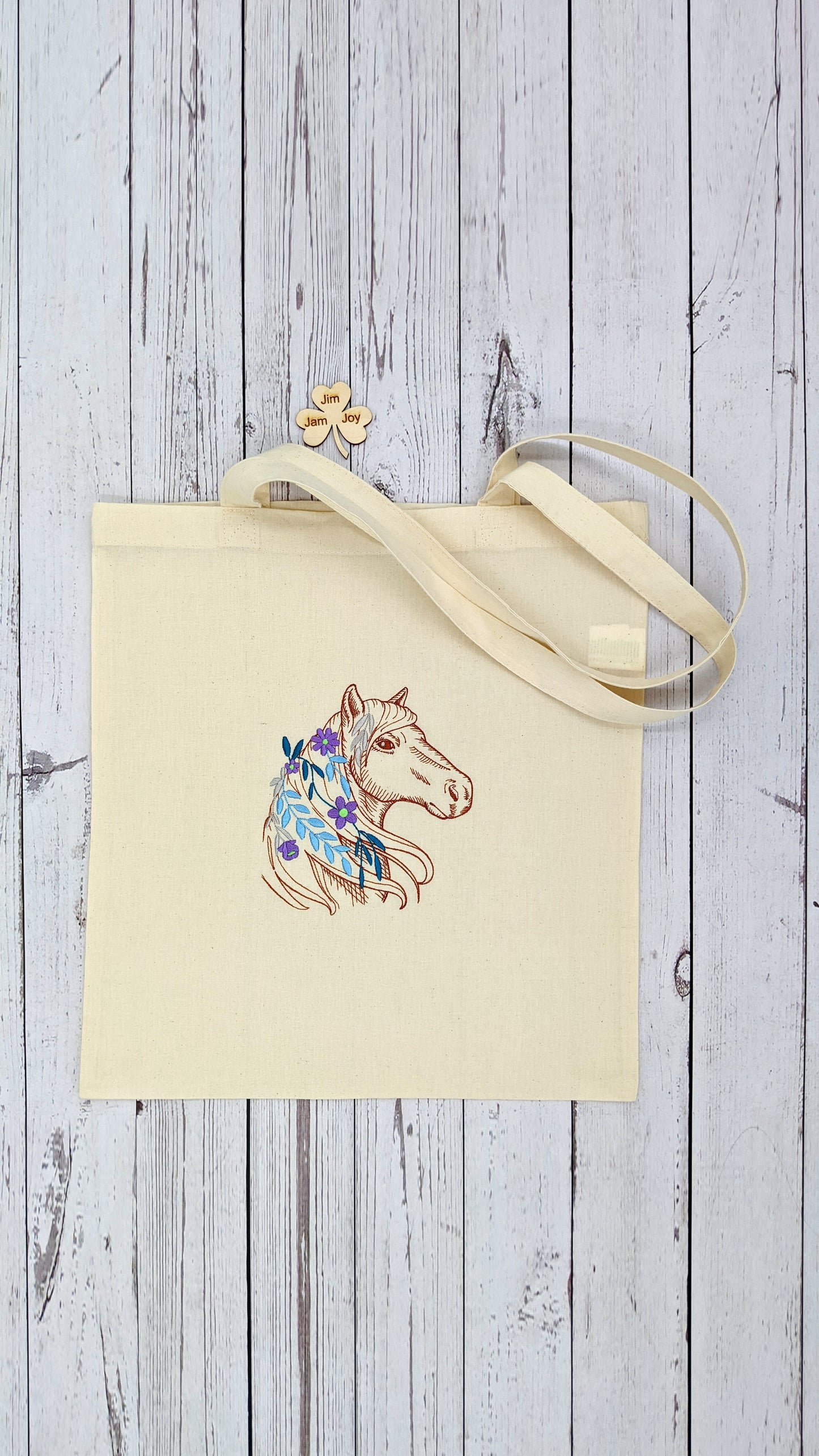 Horse and Flowers Tote Bag | Horse Tote Bag | Cute Gift Idea for Horse Lover | Gift for her | Cotton Embroidered Tote Bag