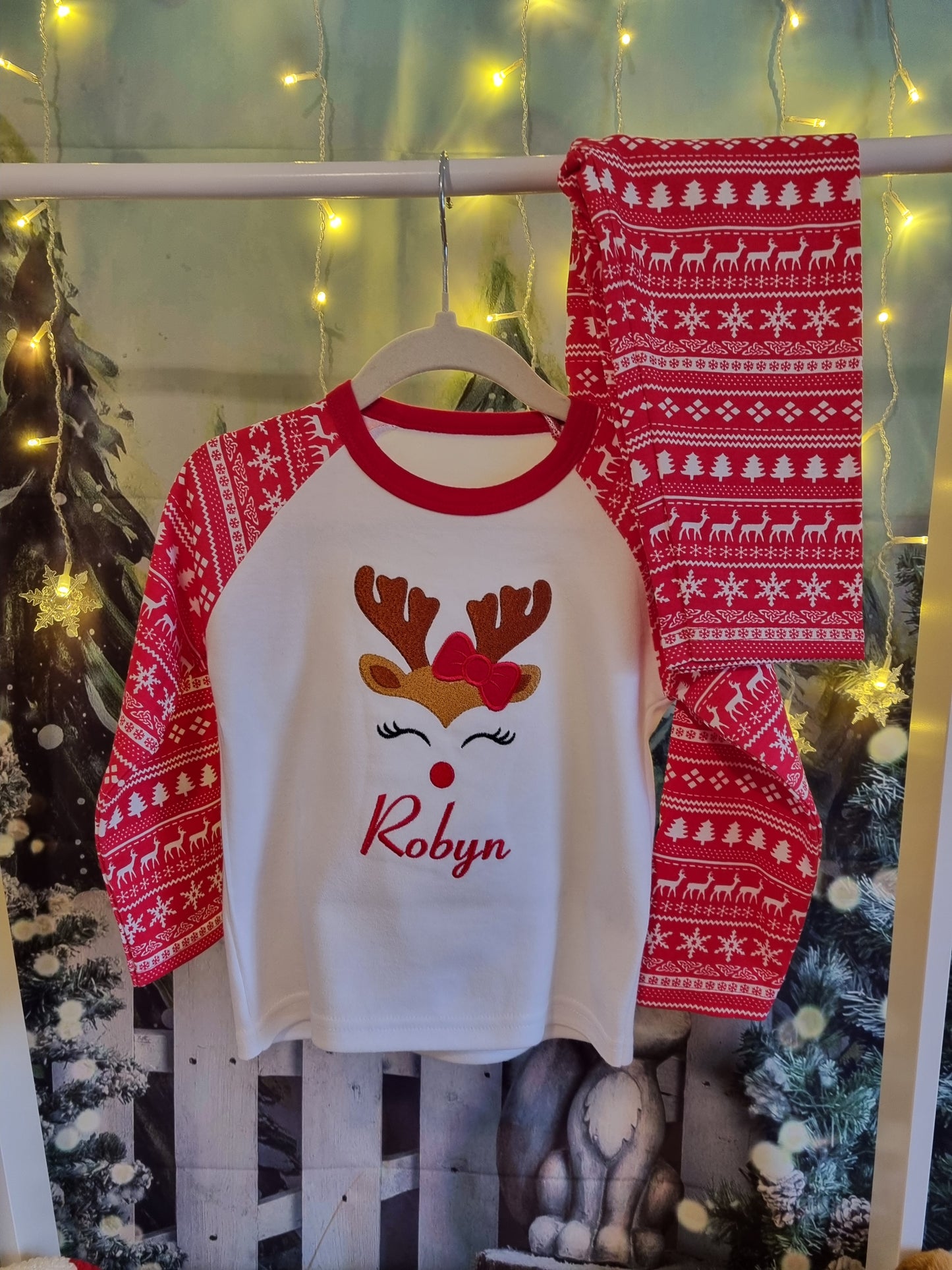 Personalised Christmas PJ's with cute reindeer for girls (Boy version available)