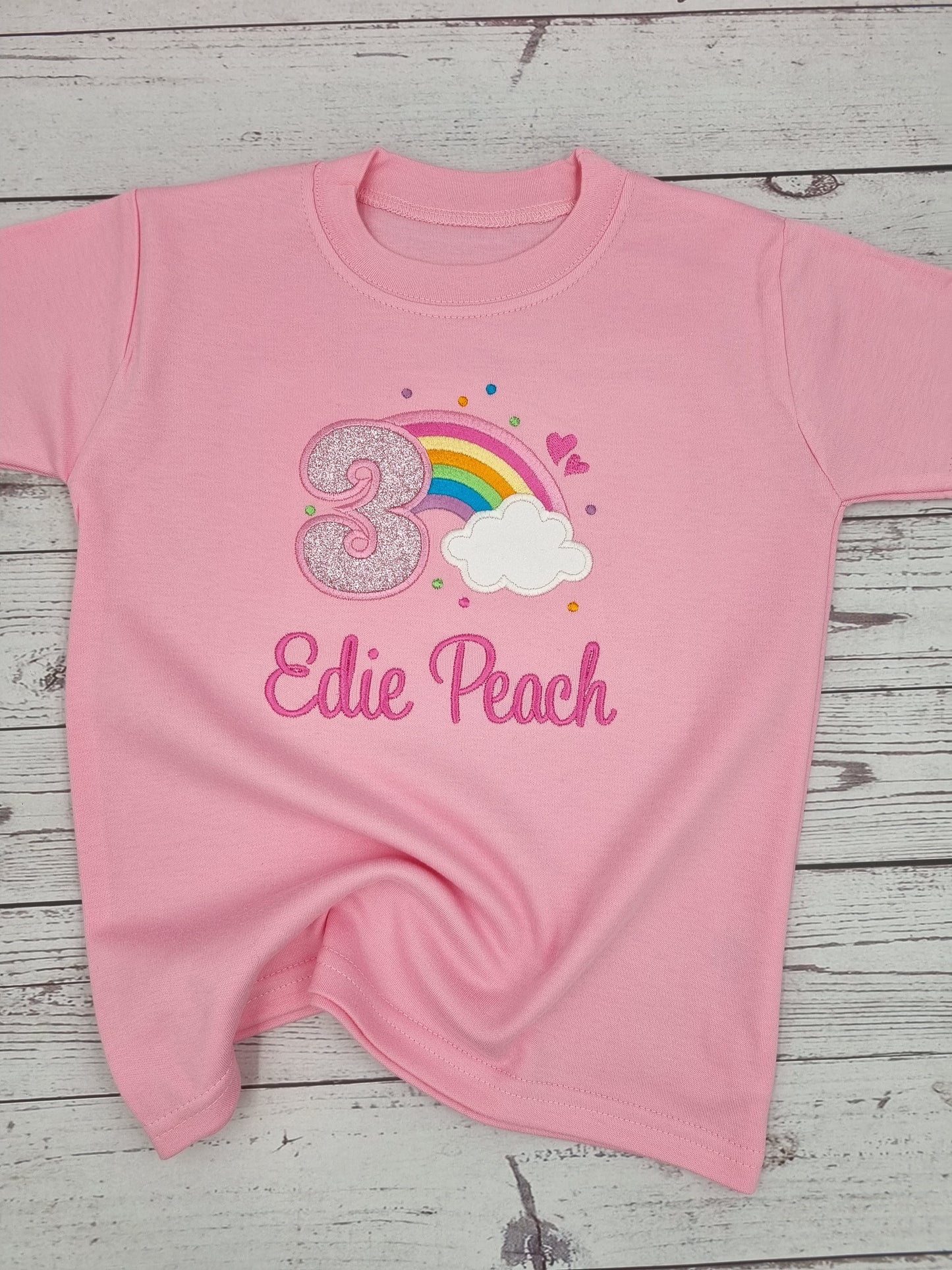 Children Personalised Birthday Tshirt with Rainbow and Cloud - Embroidery