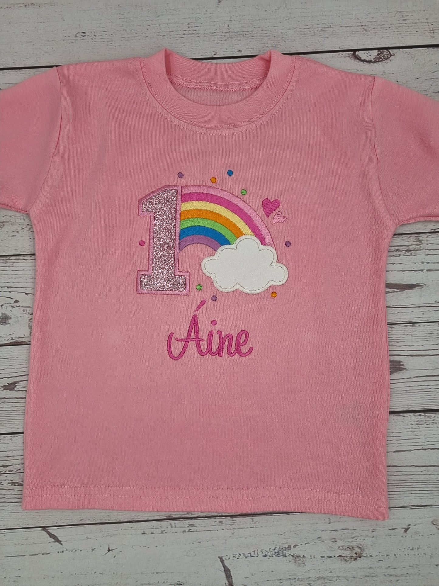 Children Personalised Birthday Tshirt with Rainbow and Cloud - Embroidery