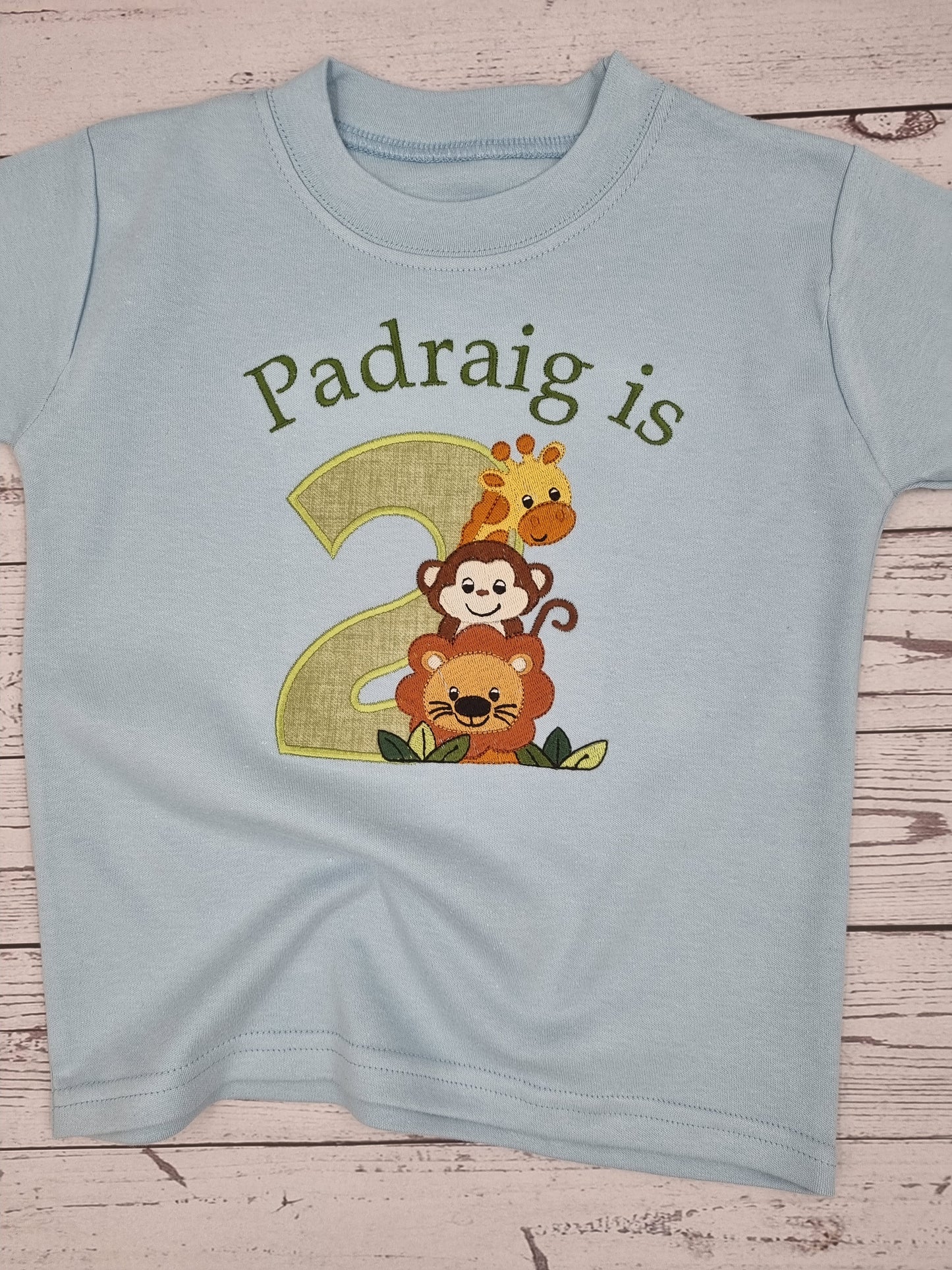 Monkey, Lion and Giraffe Personalised Birthday Tshirt Embroidery