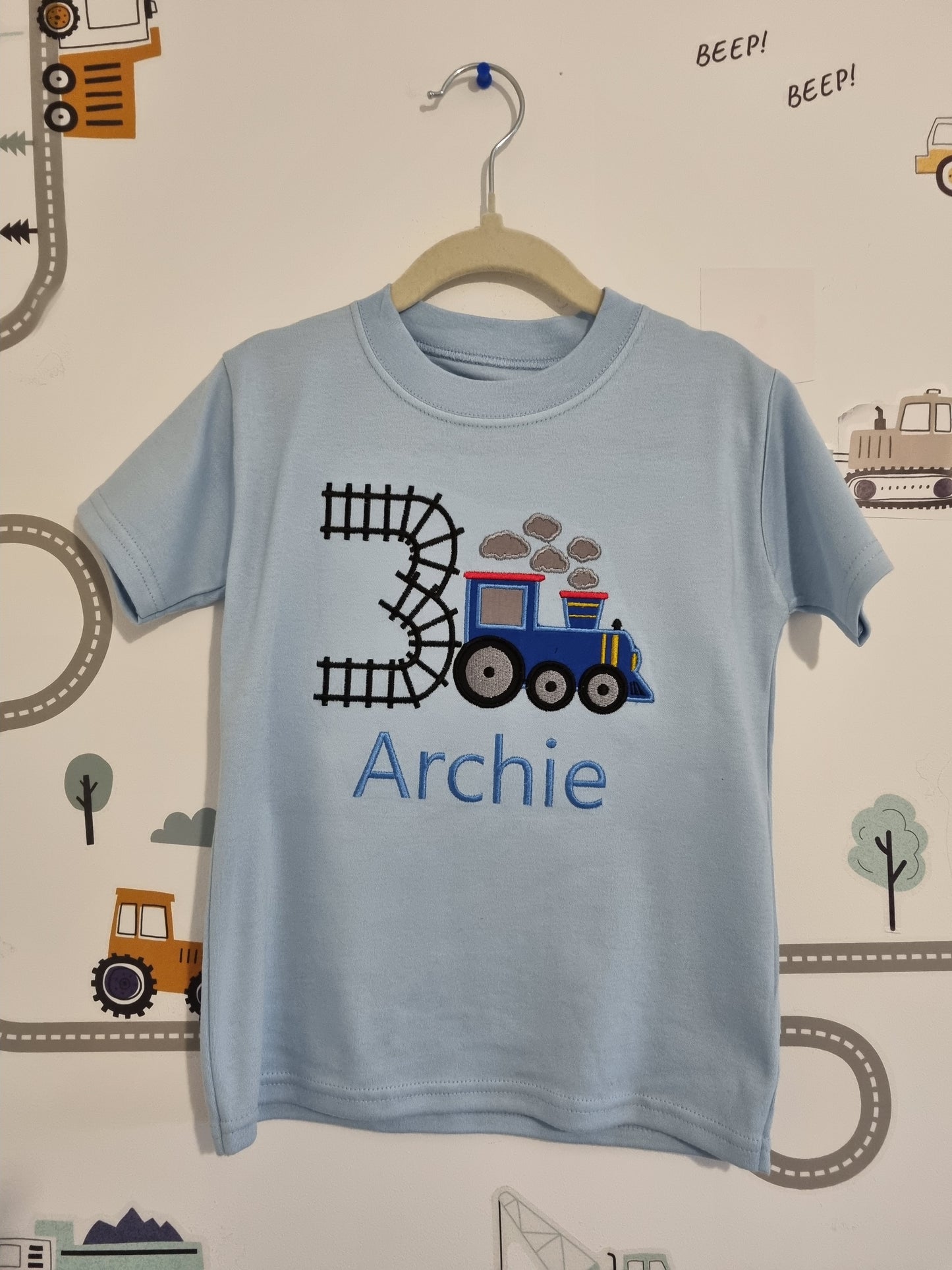 Children Personalised Birthday Tshirt with Train -Tchoo Tchoo Train - Embroidery