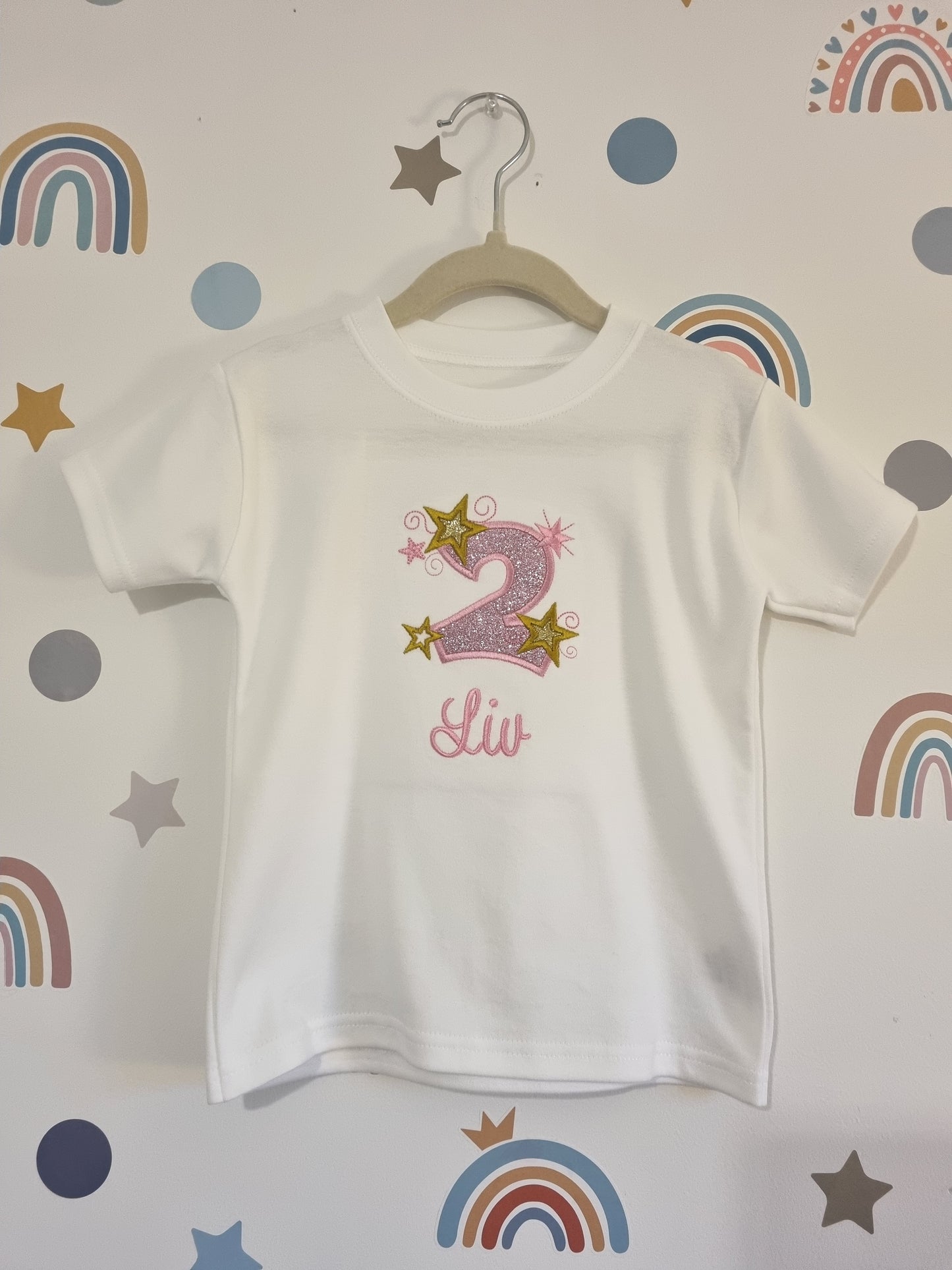 Children Personalised Birthday Tshirt with Stars - Embroidery