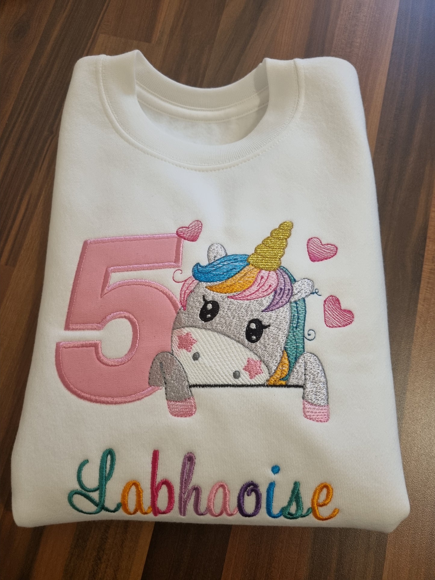 Children Personalised Birthday sweatshirt with Unicorn and Hearts - Embroidery