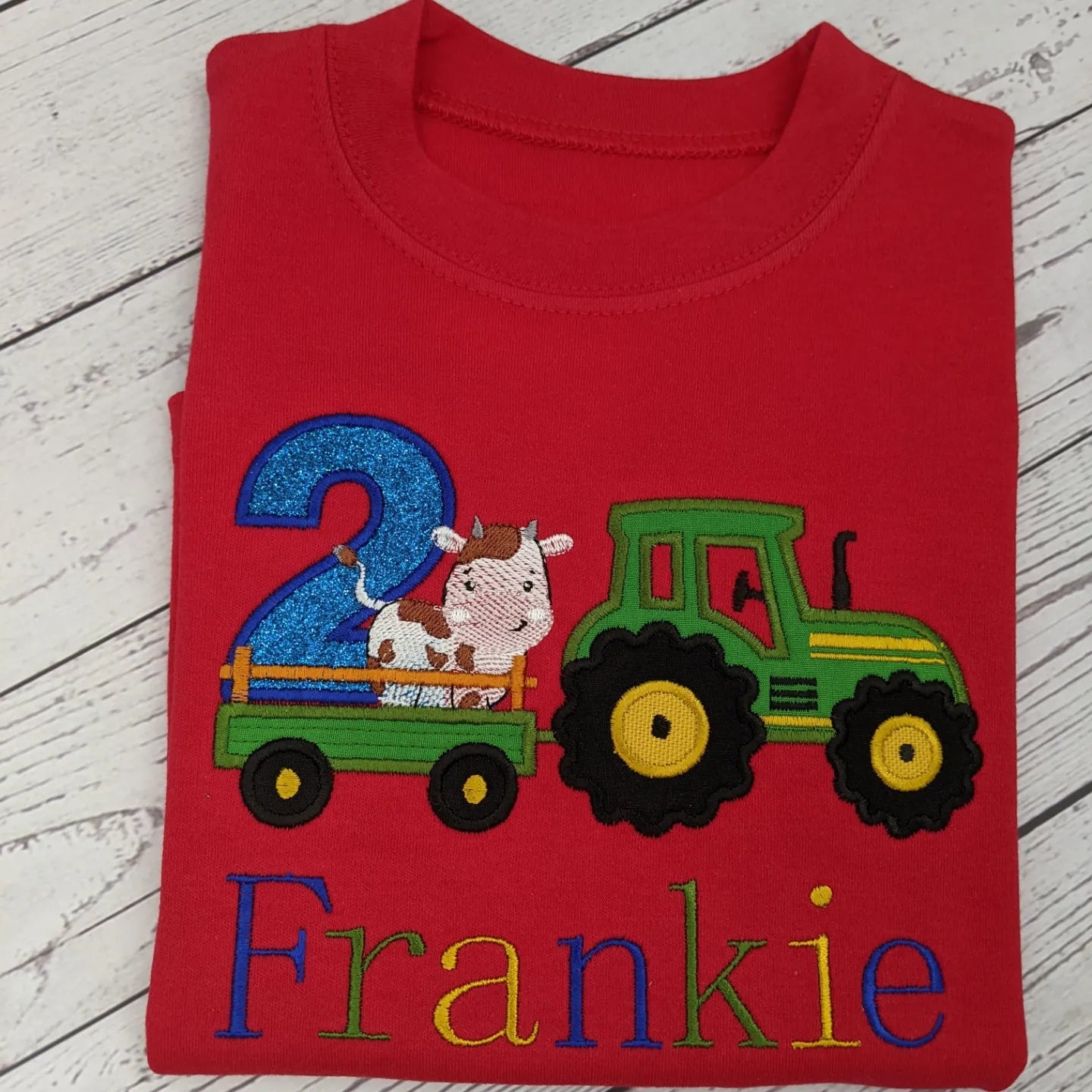 Children Personalised Birthday Tshirt with Tractor and cow on a Trailer - Embroidery