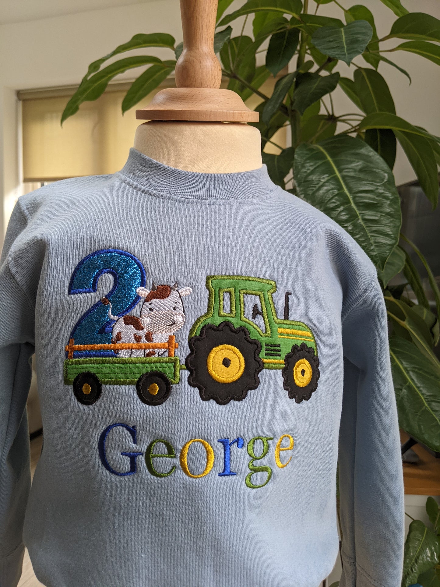 Children Personalised Birthday Sweatshirt twith Tractor and cow on a Trailer - Embroidery