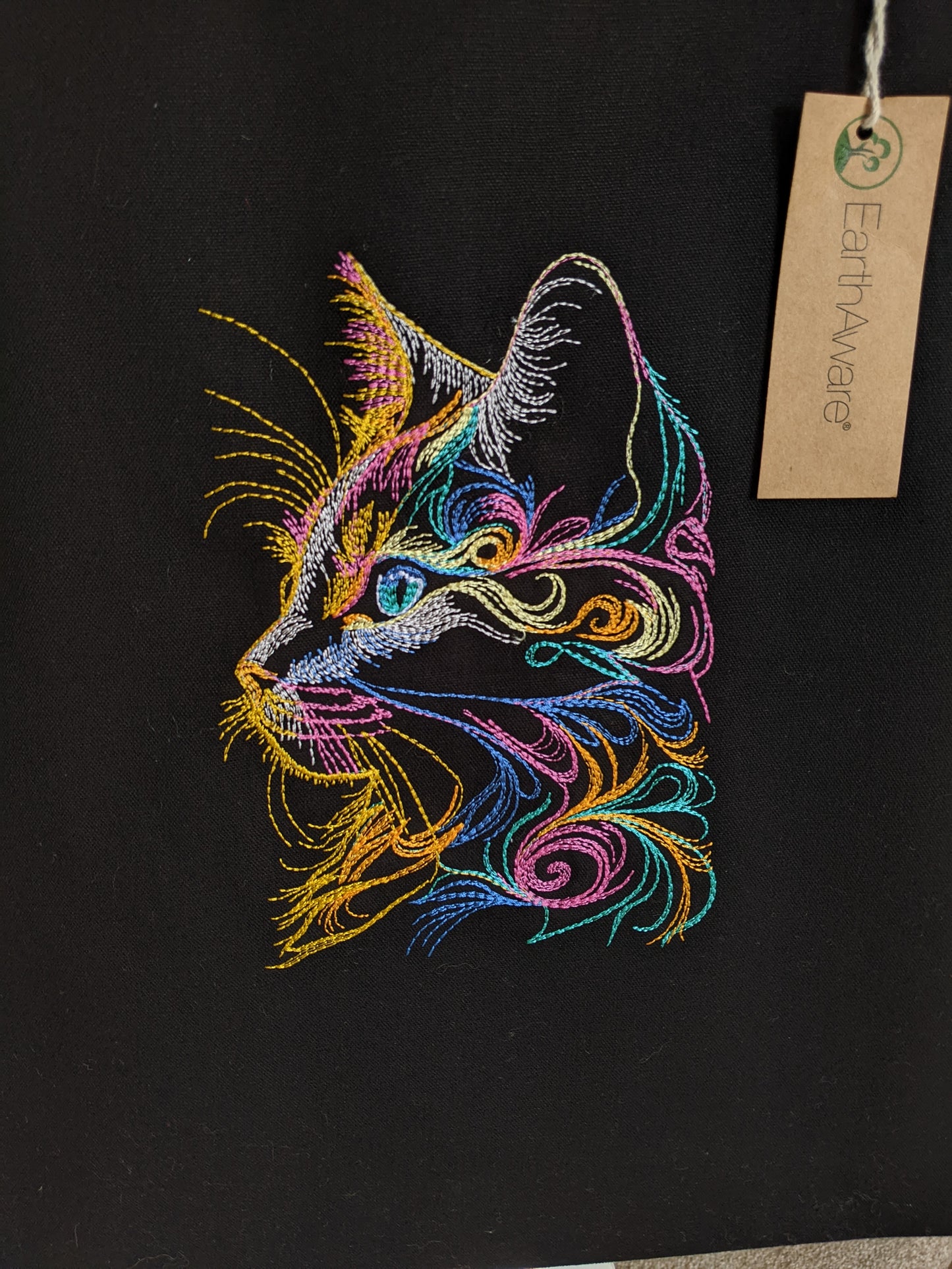 Black Tote Bag with cat in multicolor Threads | Cute Gift Idea for Cat Lover | Gift for her | Cotton Embroidered Tote Bag