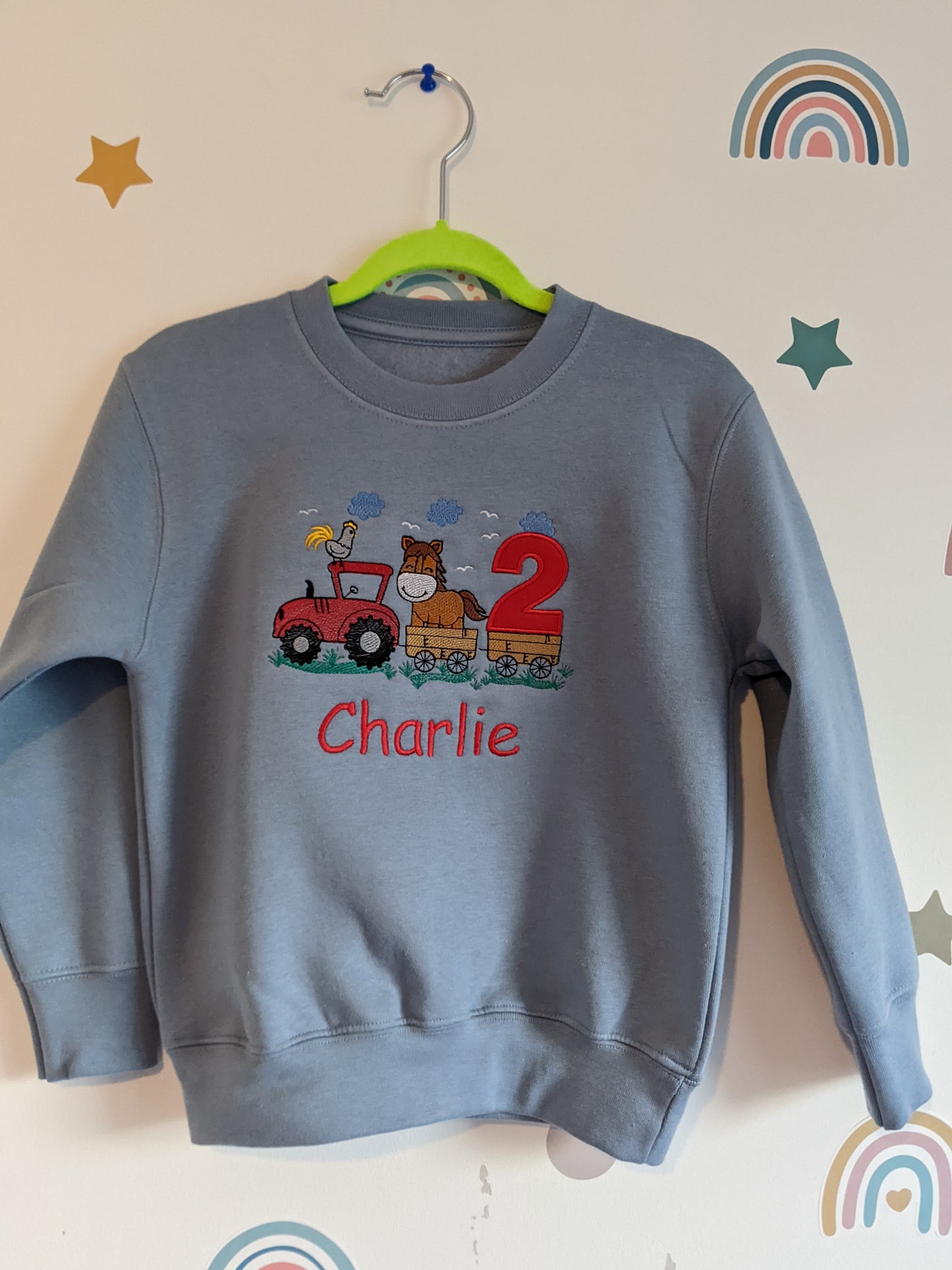 Children Personalised Birthday Sweatshirt with Tractor and horse on a Trailer - Embroidery