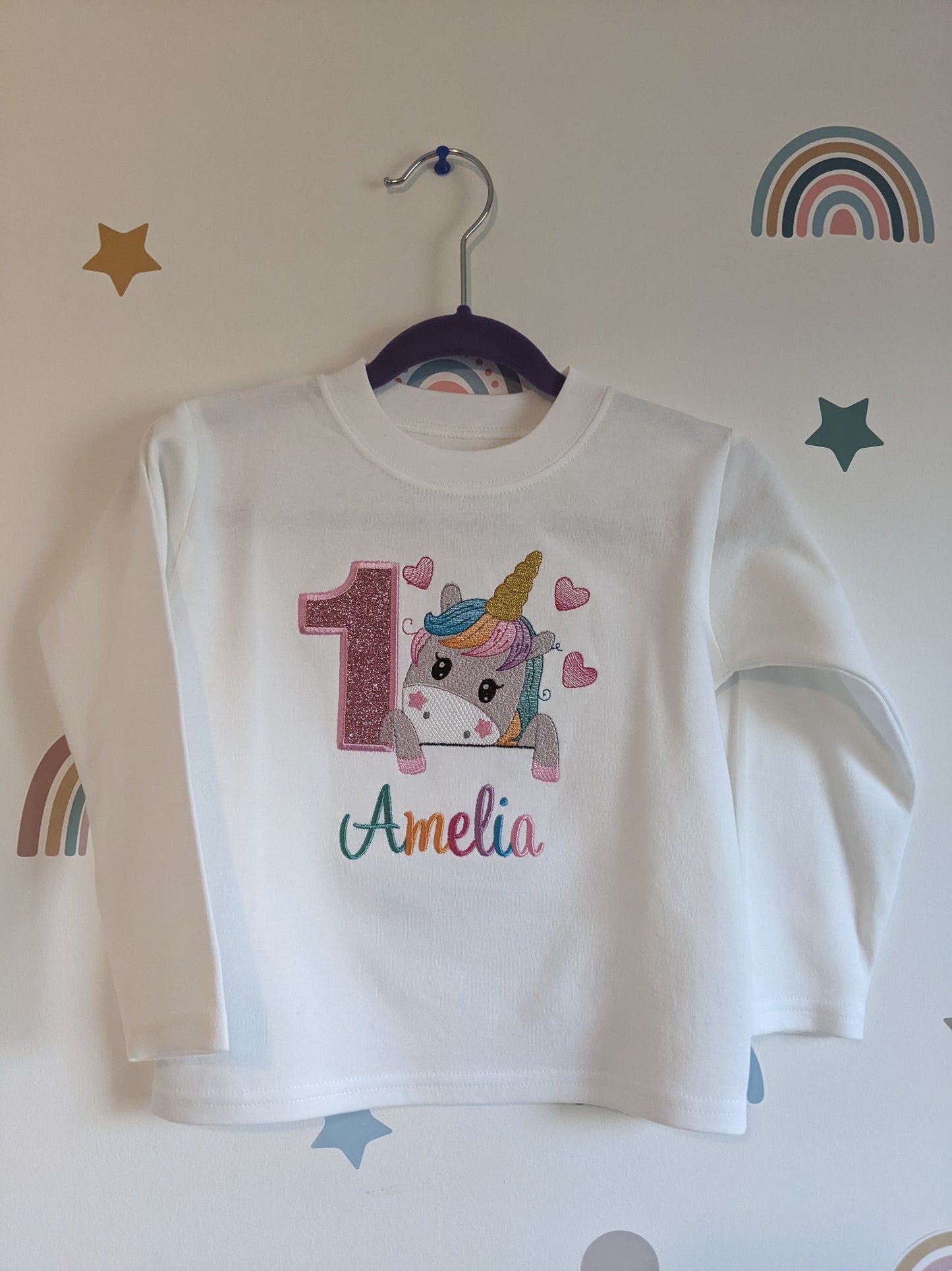 Children Personalised Birthday Tshirt with Unicorn and Hearts - Embroidery