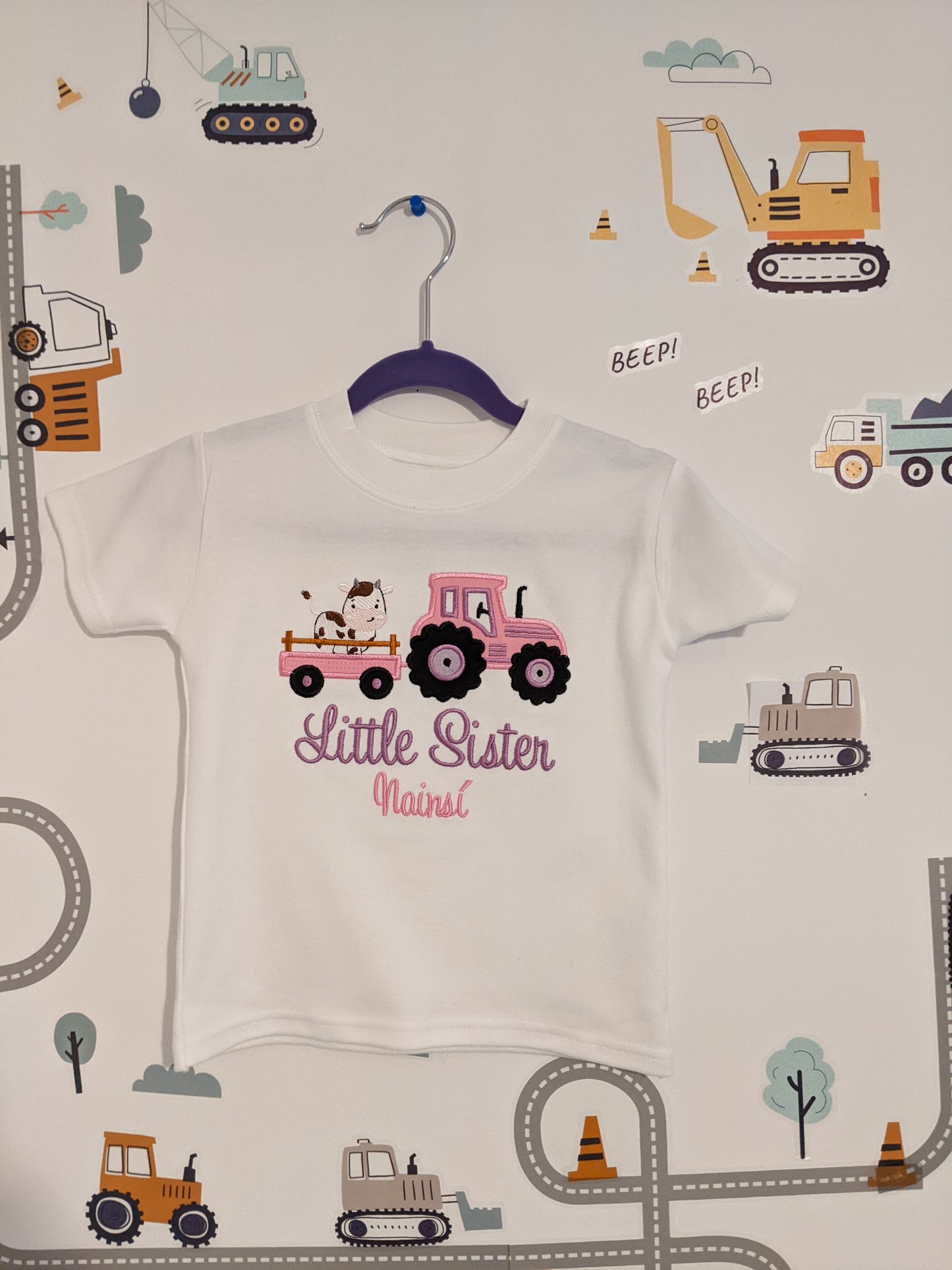 Big Sister, Little Sister Pink Tractor Tshirt With a Cow and Trailer - Siblings Shirt - Embroidery