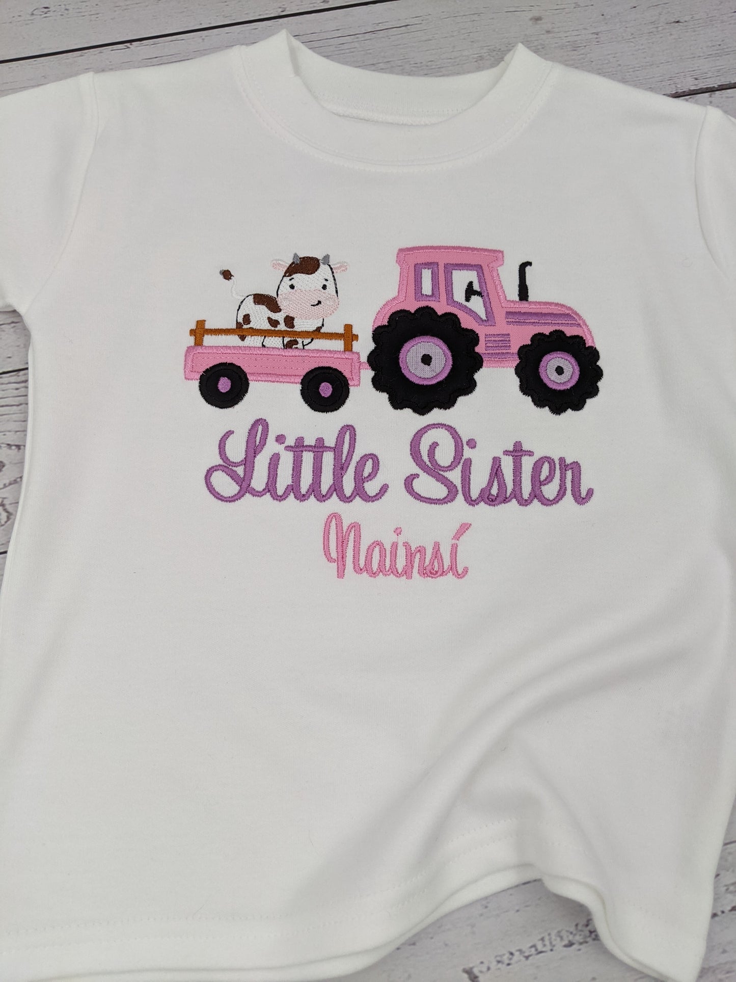 Big Sister, Little Sister Pink Tractor Tshirt With a Cow and Trailer - Siblings Shirt - Embroidery
