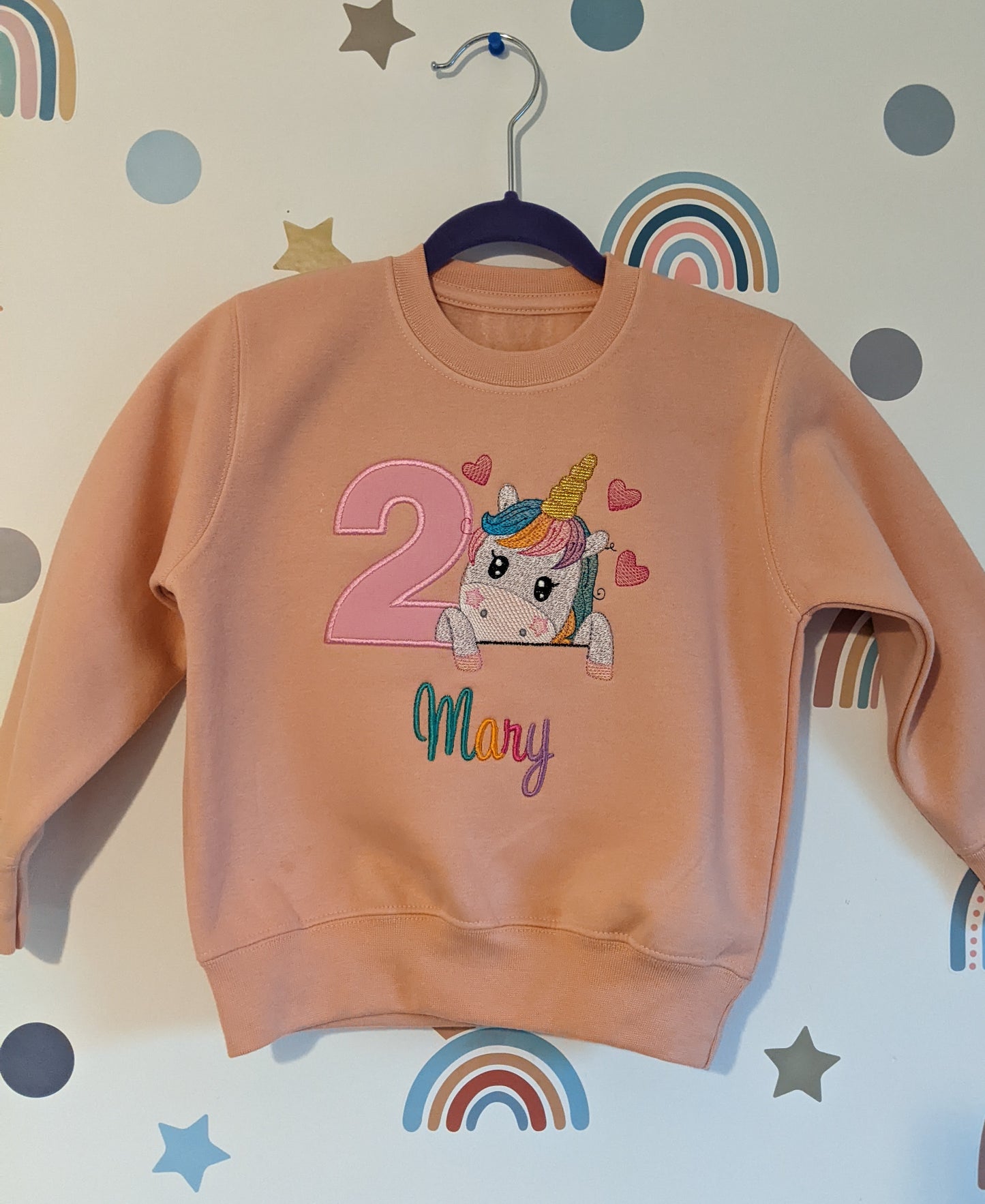 Children Personalised Birthday sweatshirt with Unicorn and Hearts - Embroidery