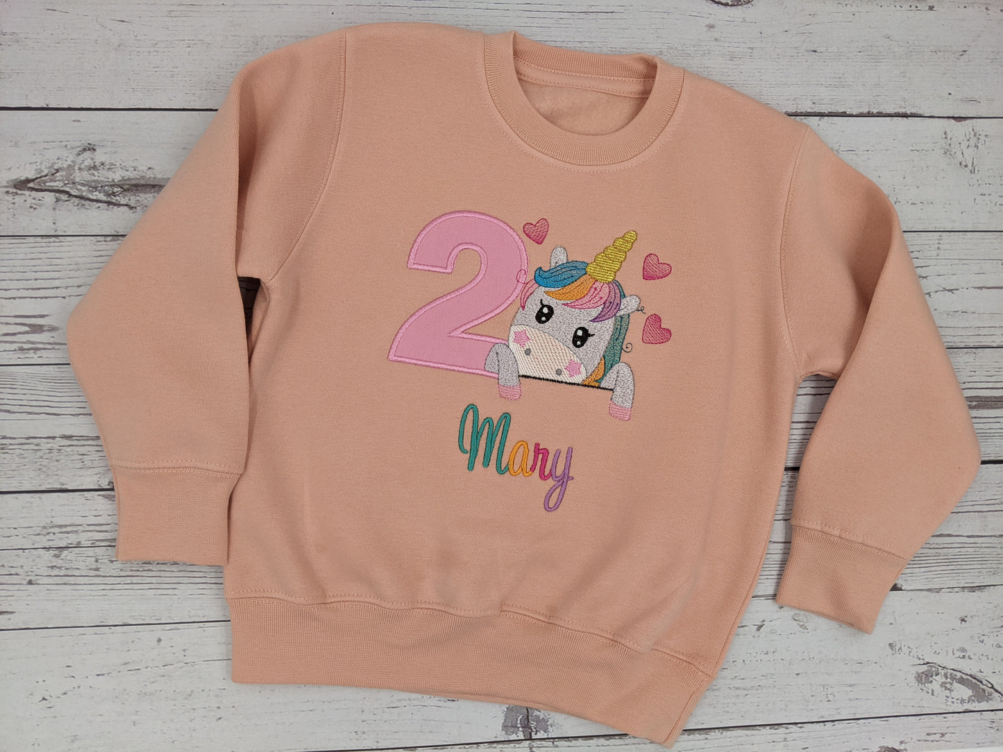 Children Personalised Birthday sweatshirt with Unicorn and Hearts - Embroidery