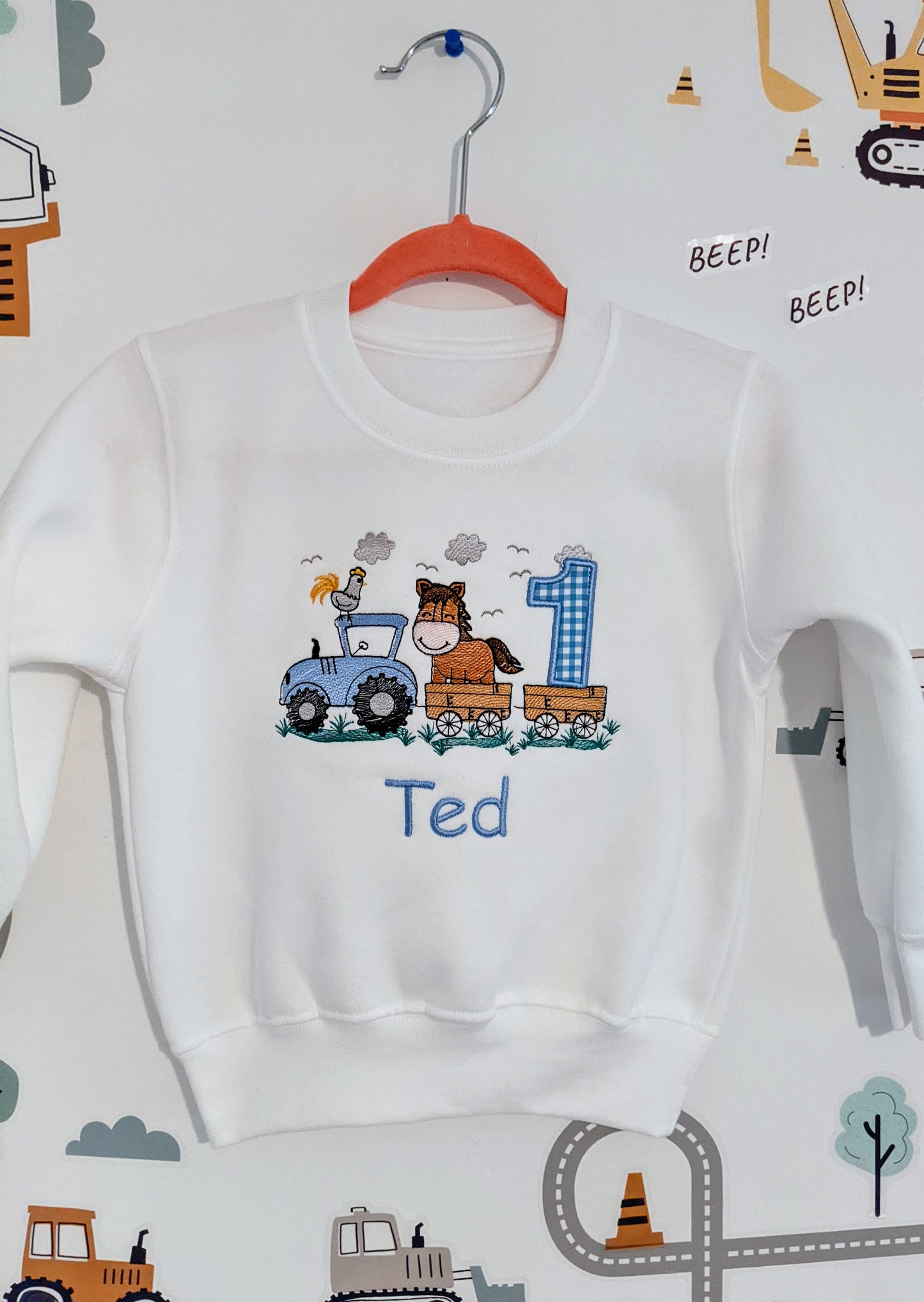 Children Personalised Birthday Sweatshirt with Tractor and horse on a Trailer - Embroidery