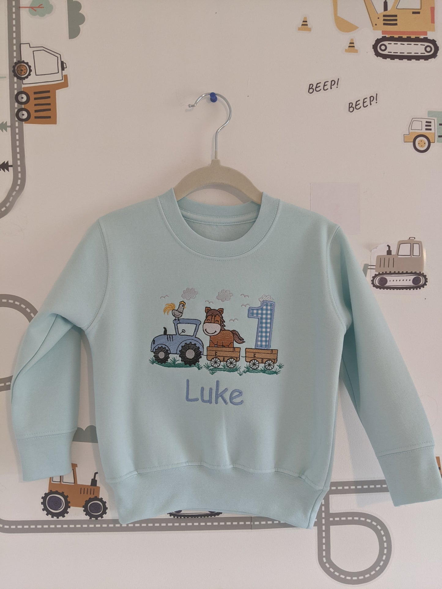 Children Personalised Birthday Sweatshirt with Tractor and horse on a Trailer - Embroidery