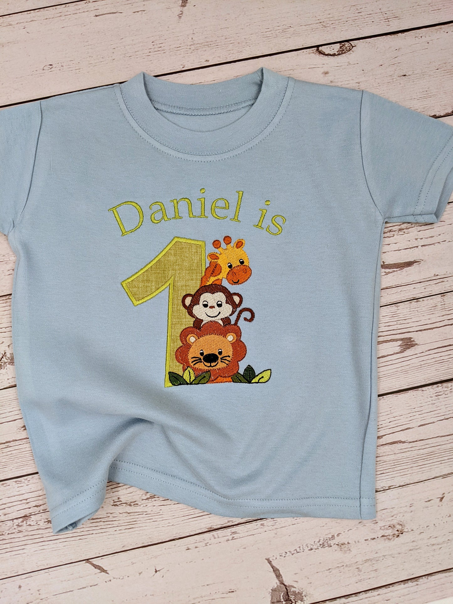 Monkey, Lion and Giraffe Personalised Birthday Tshirt Embroidery