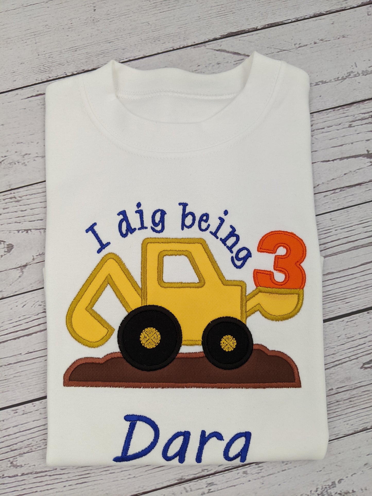 Children Personalised Birthday Tshirt with Digger -Embroidery