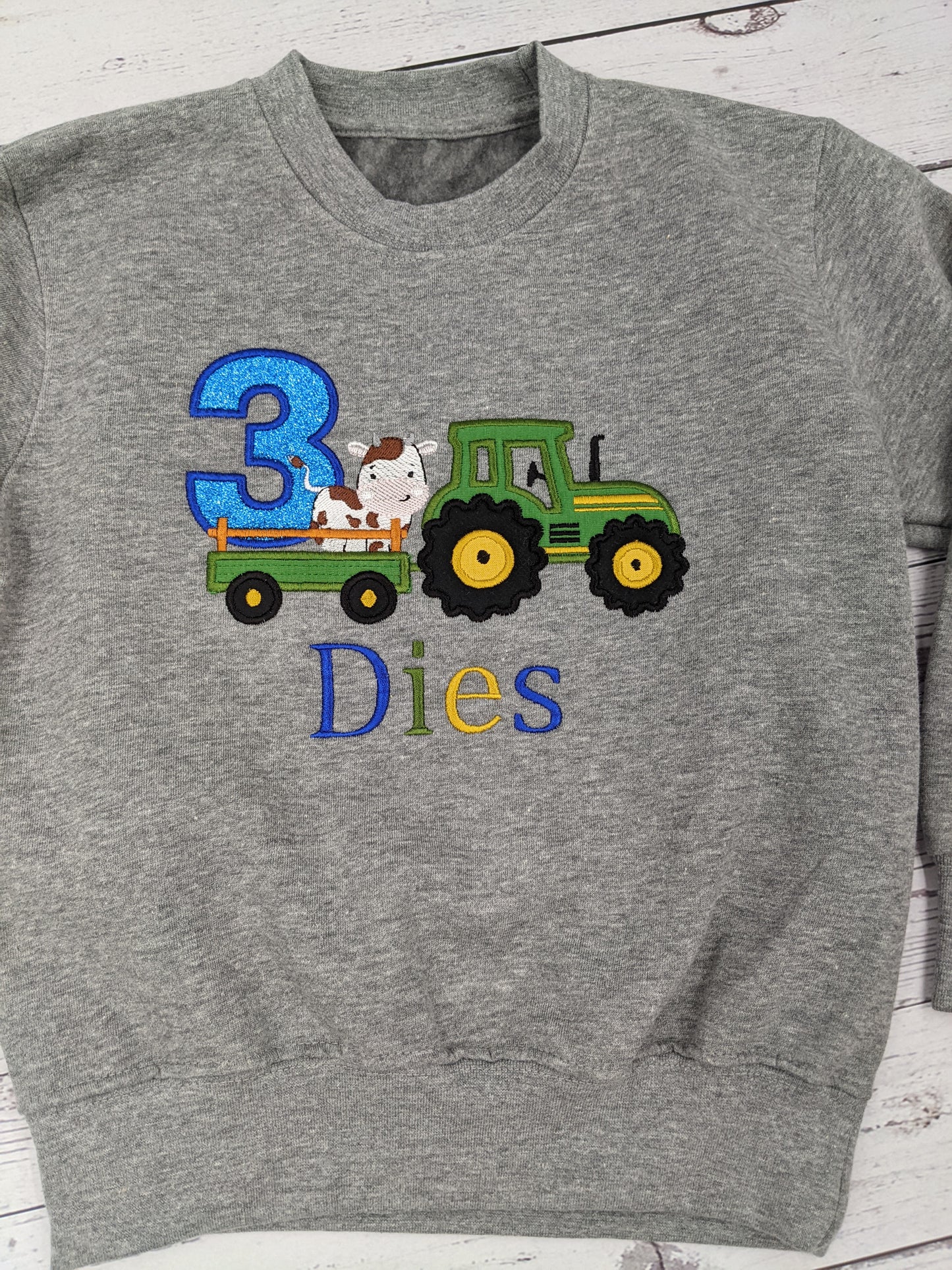 Children Personalised Birthday Sweatshirt twith Tractor and cow on a Trailer - Embroidery
