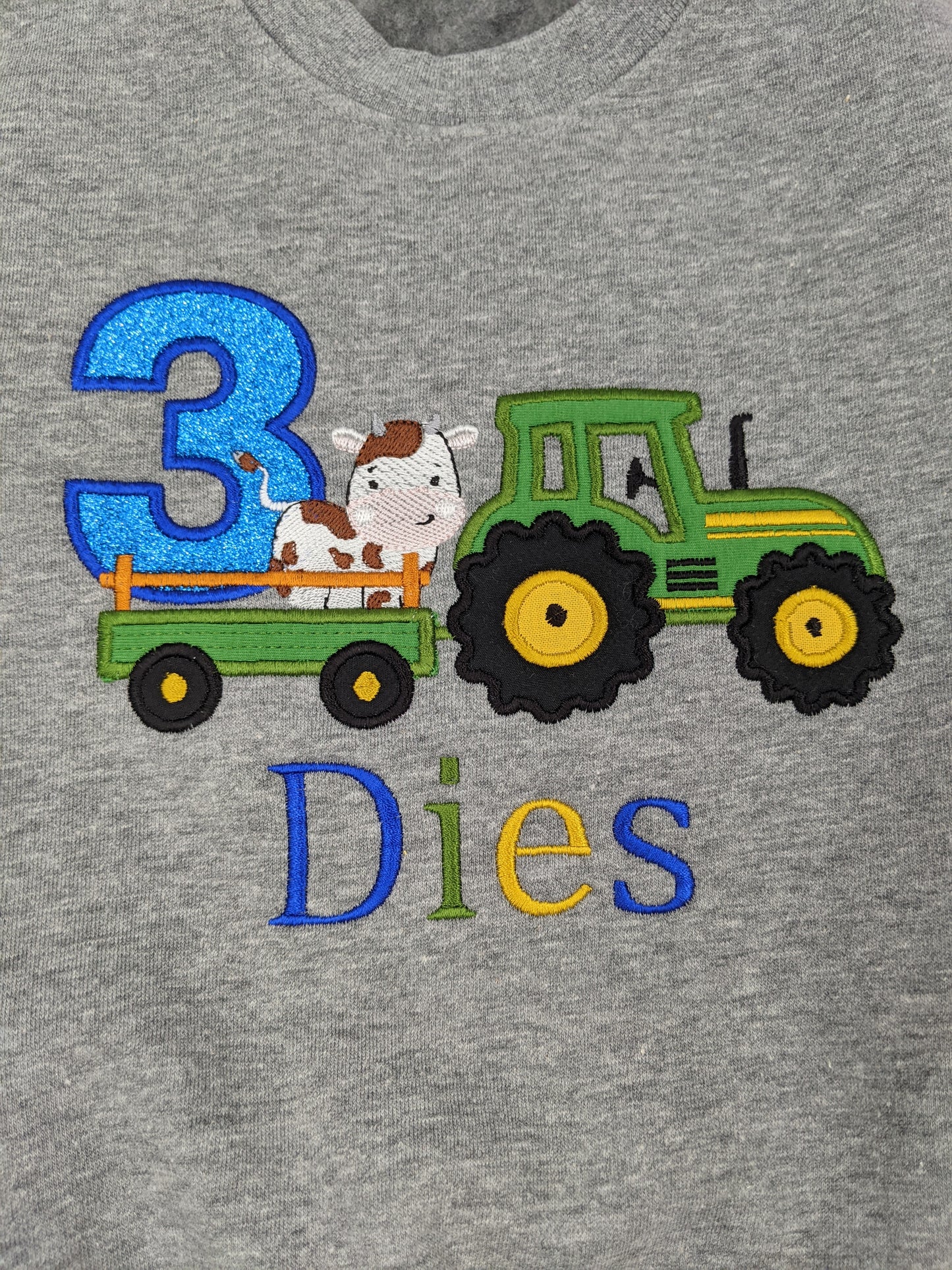 Children Personalised Birthday Sweatshirt twith Tractor and cow on a Trailer - Embroidery