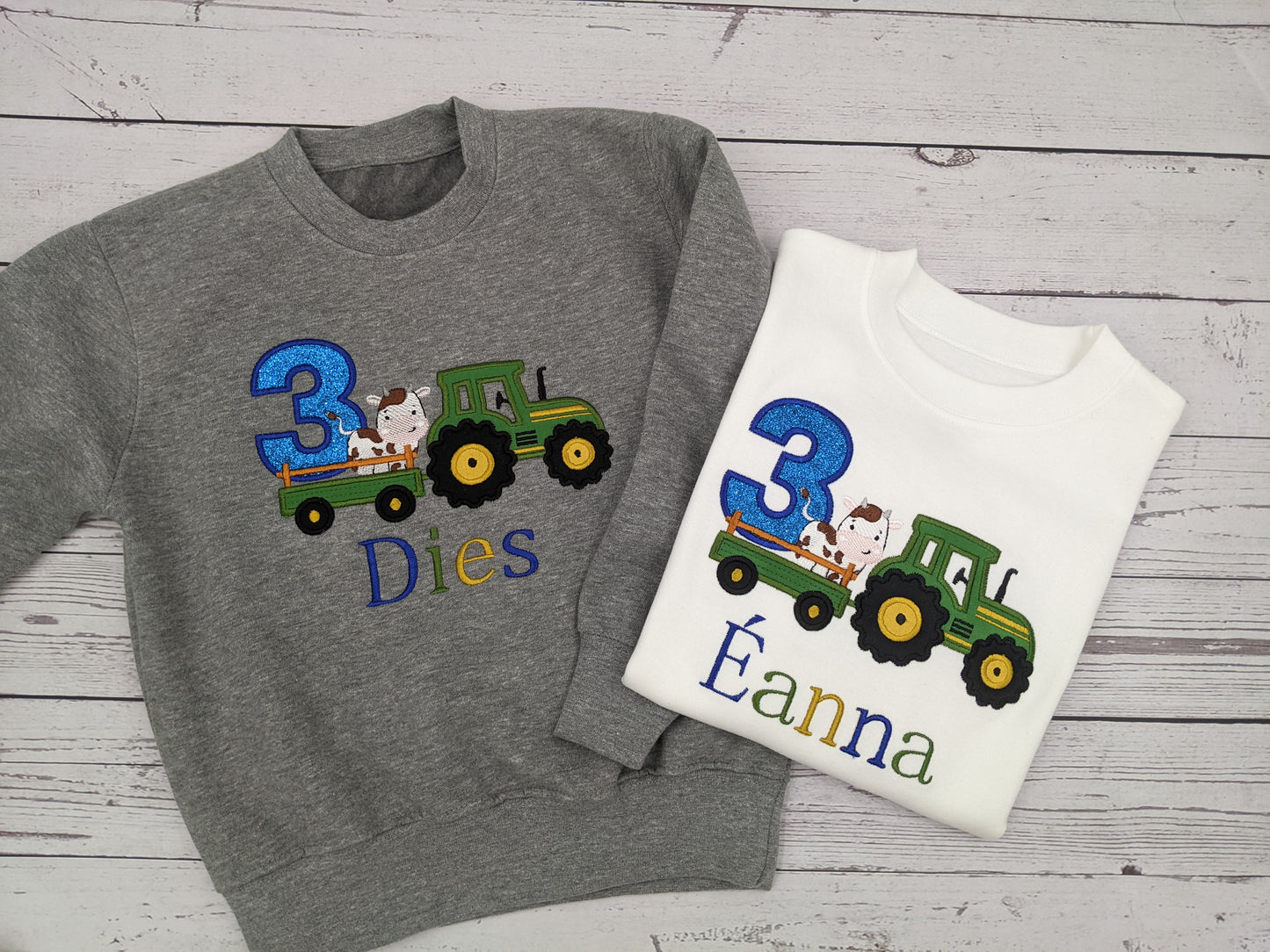 Children Personalised Birthday Sweatshirt twith Tractor and cow on a Trailer - Embroidery
