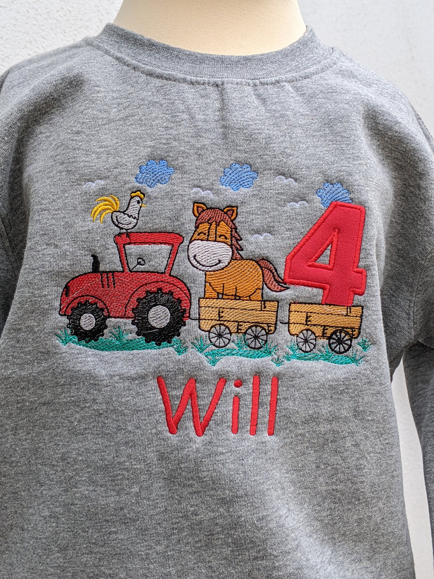 Children Personalised Birthday Sweatshirt with Tractor and horse on a Trailer - Embroidery