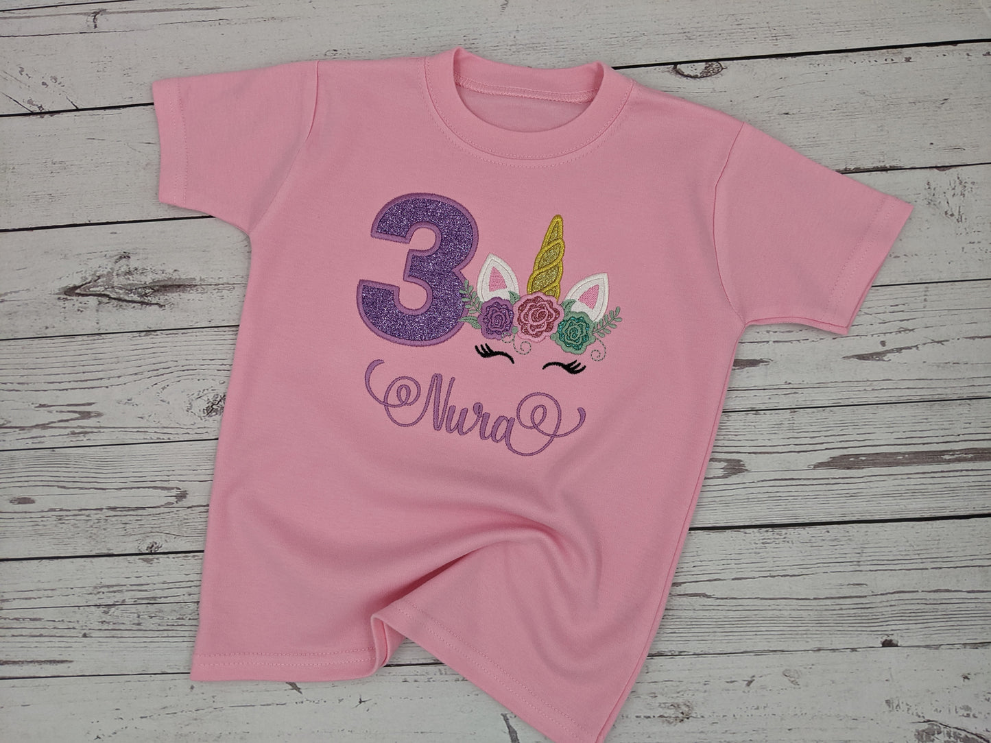 Children Personalised Birthday Tshirt with Unicorn - Embroidery