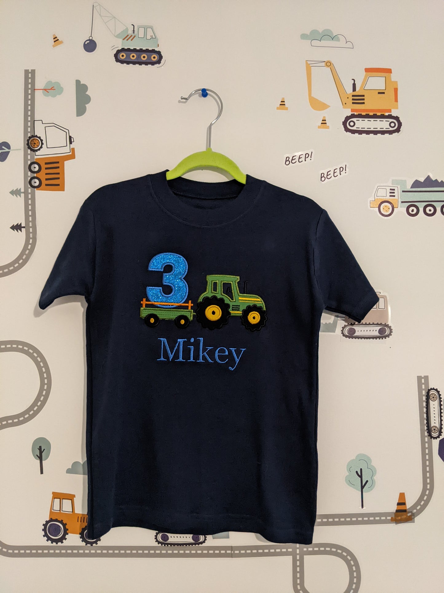 Children Personalised Birthday Tshirt with Tractor and Trailer - Embroidery