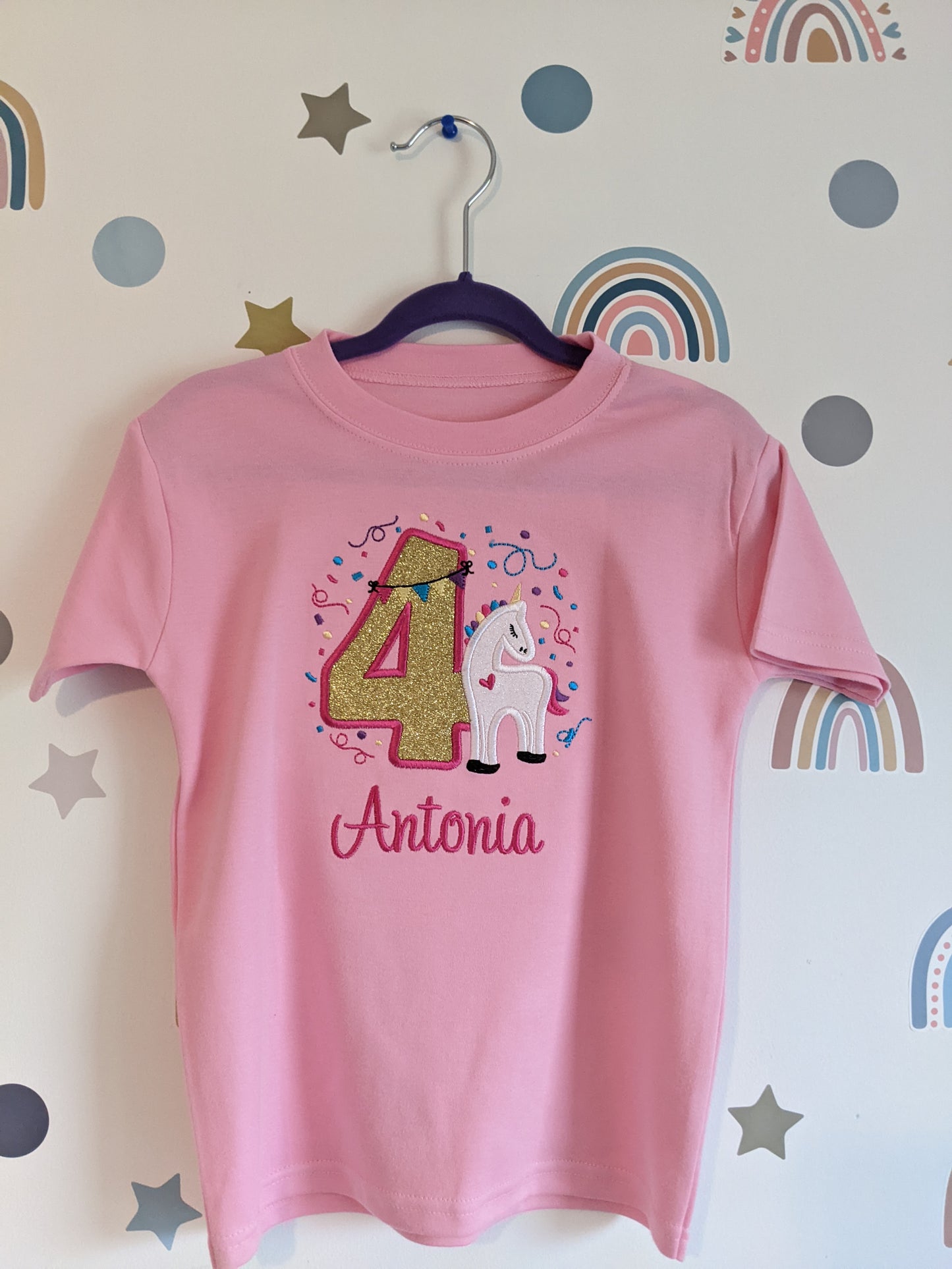 Children Personalised Birthday Tshirt with Unicorn Fiesta - Embroidery