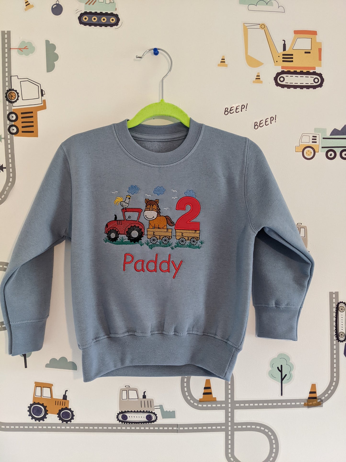 Children Personalised Birthday Sweatshirt with Tractor and horse on a Trailer - Embroidery