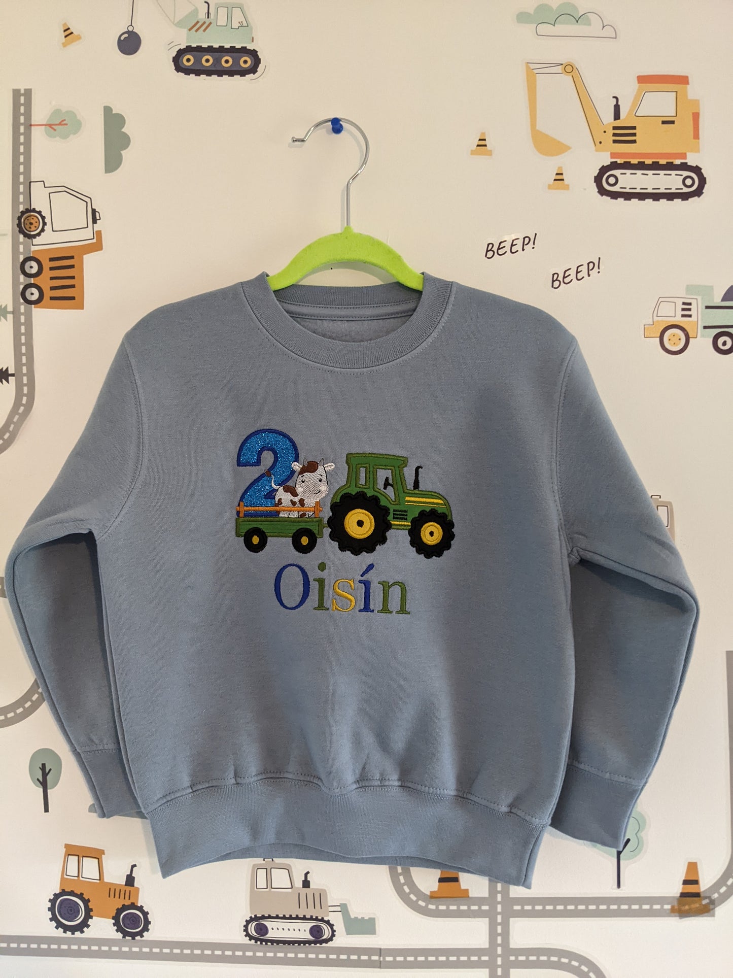 Children Personalised Birthday Sweatshirt twith Tractor and cow on a Trailer - Embroidery
