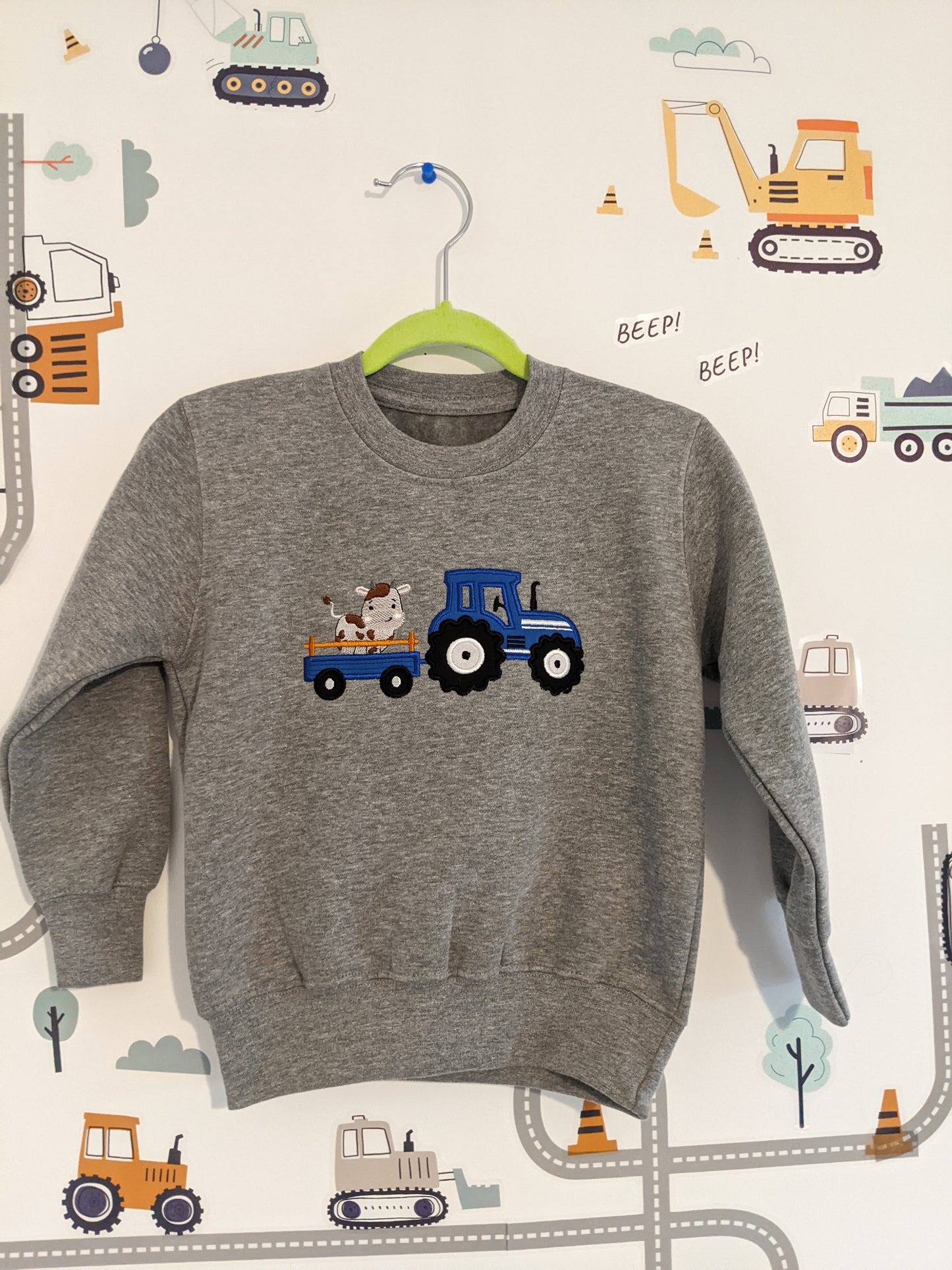 Children Sweatshirt with Blue Tractor and Cute cow- Embroidery