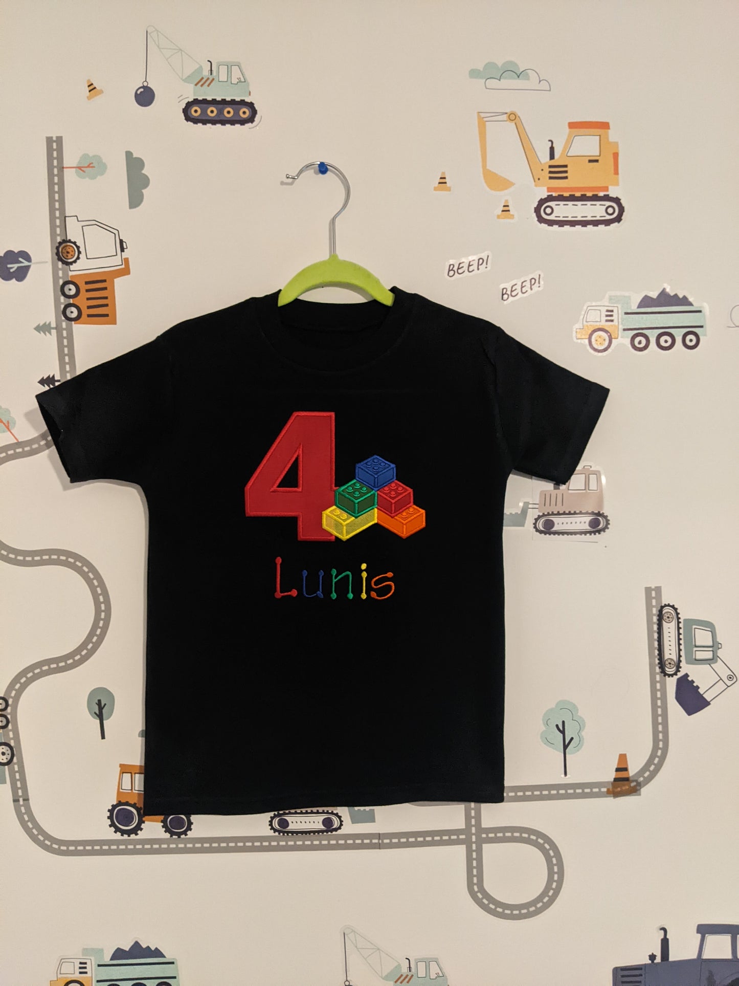Children Personalised Birthday Tshirt with Building Blocks Bricks - Embroidery