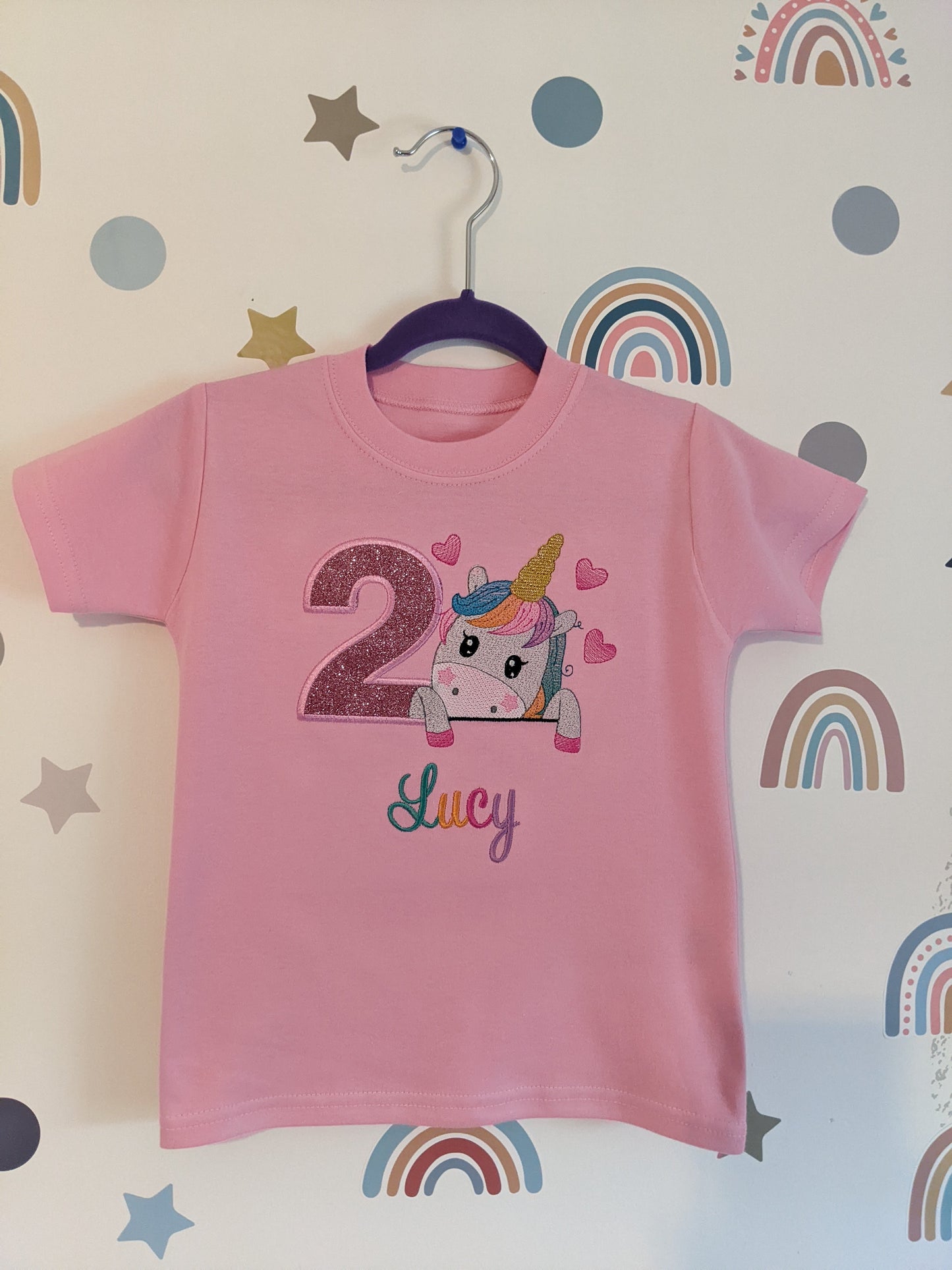 Children Personalised Birthday Tshirt with Unicorn and Hearts - Embroidery