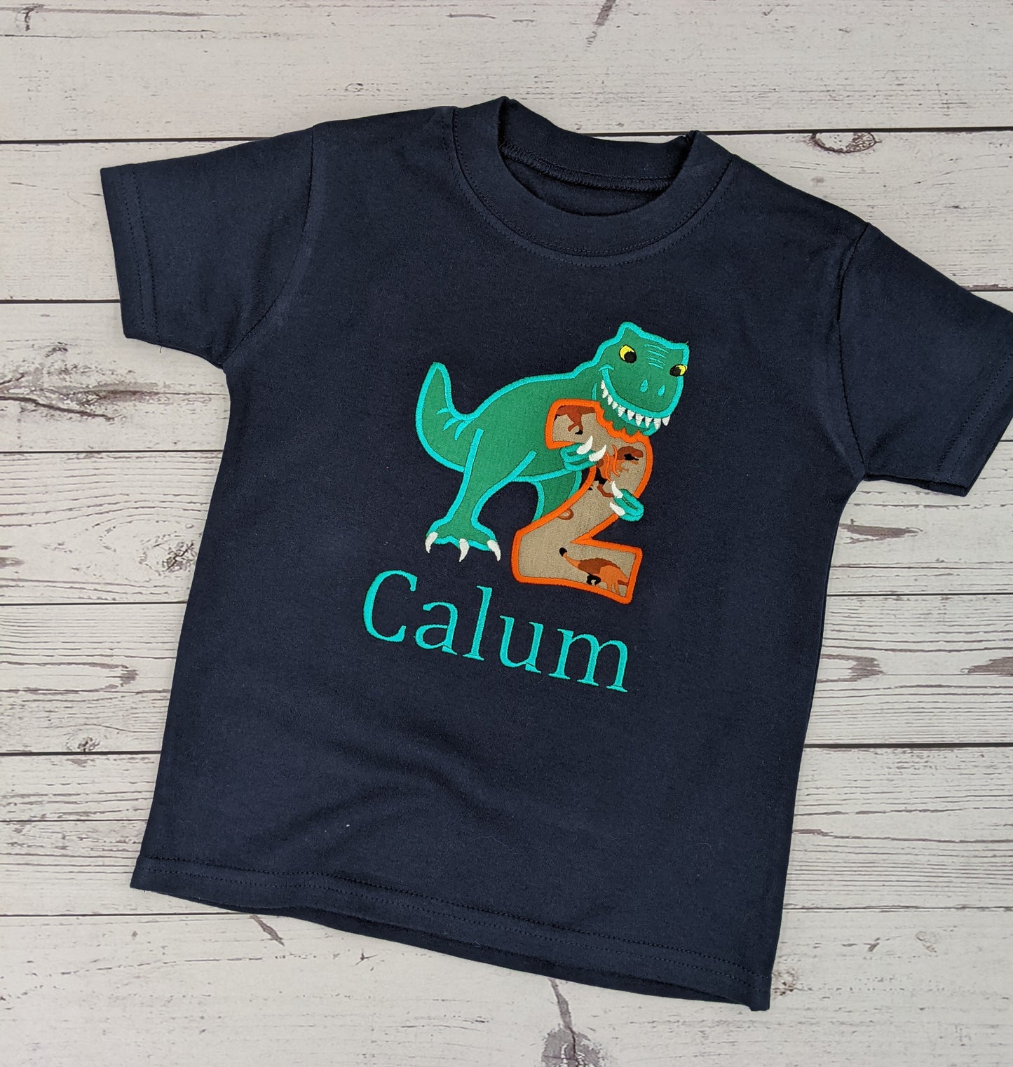 Children Personalised Birthday Tshirt with Trex Dinosaur - Embroidery