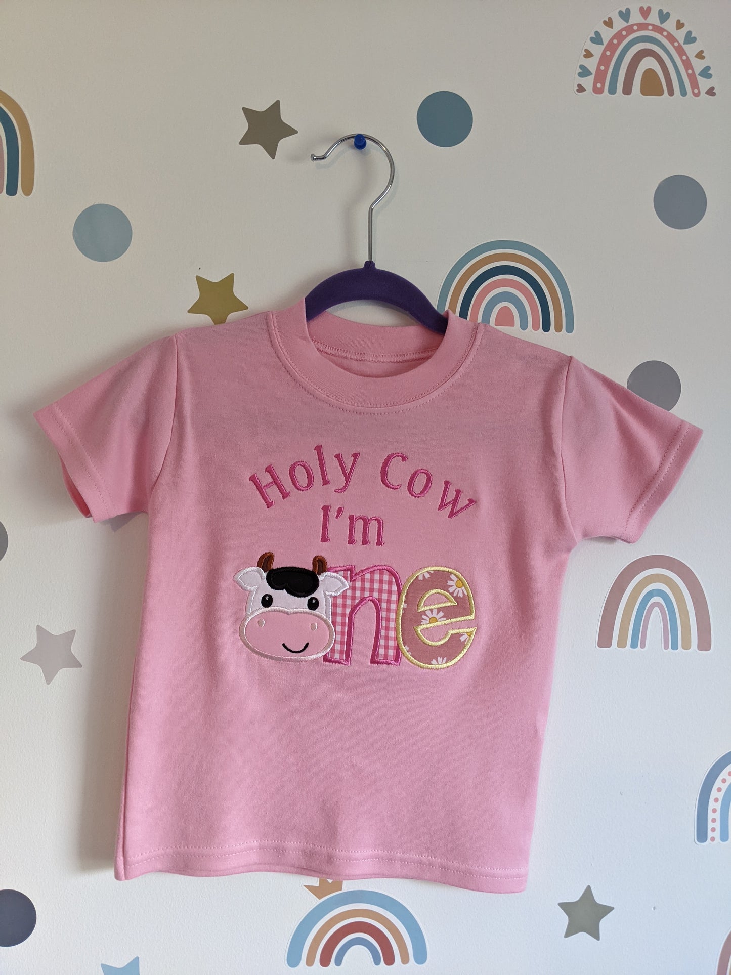 Holy Cow I'm ONE Birthday Tshirt Girl - Embroidery