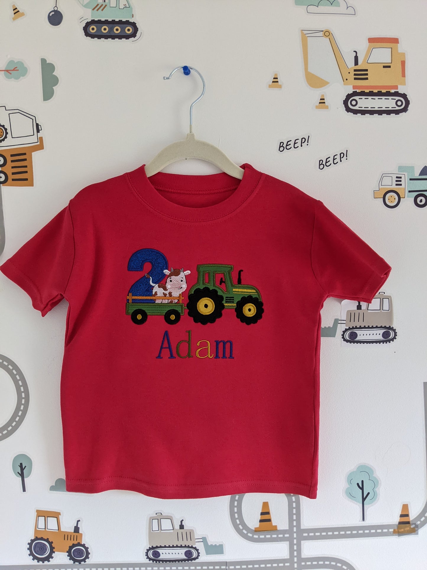 Children Personalised Birthday Tshirt with Tractor and cow on a Trailer - Embroidery