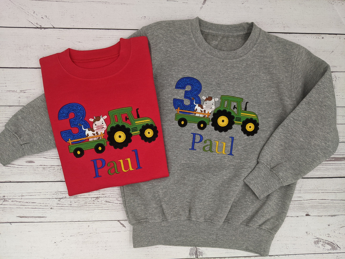 Children Personalised Birthday Tshirt with Tractor and cow on a Trailer - Embroidery