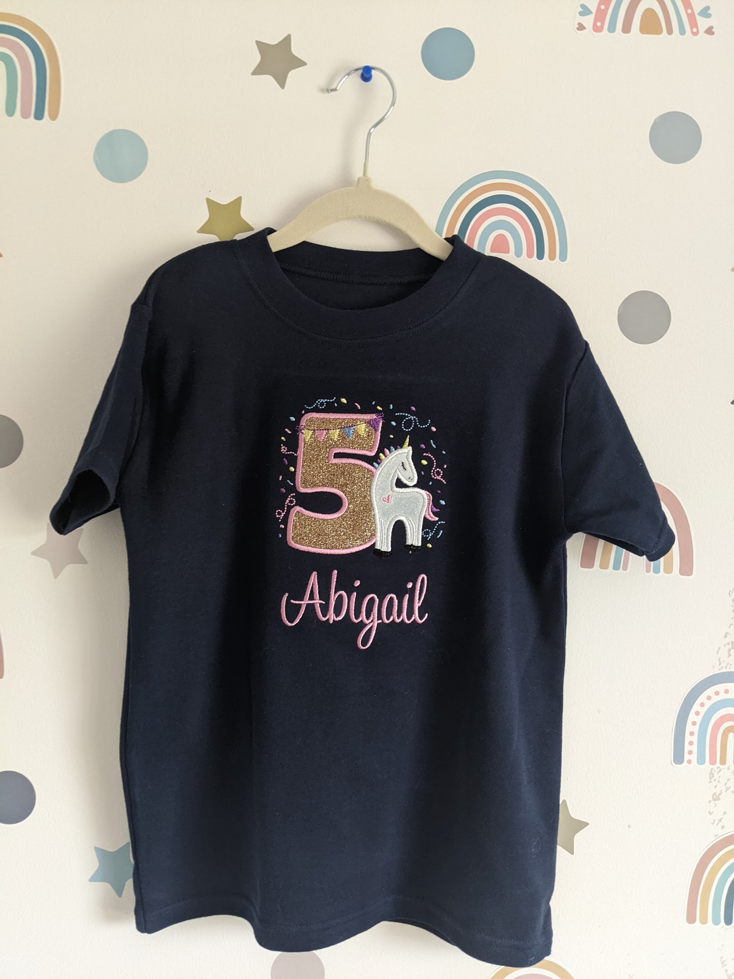Children Personalised Birthday Tshirt with Unicorn Fiesta - Embroidery