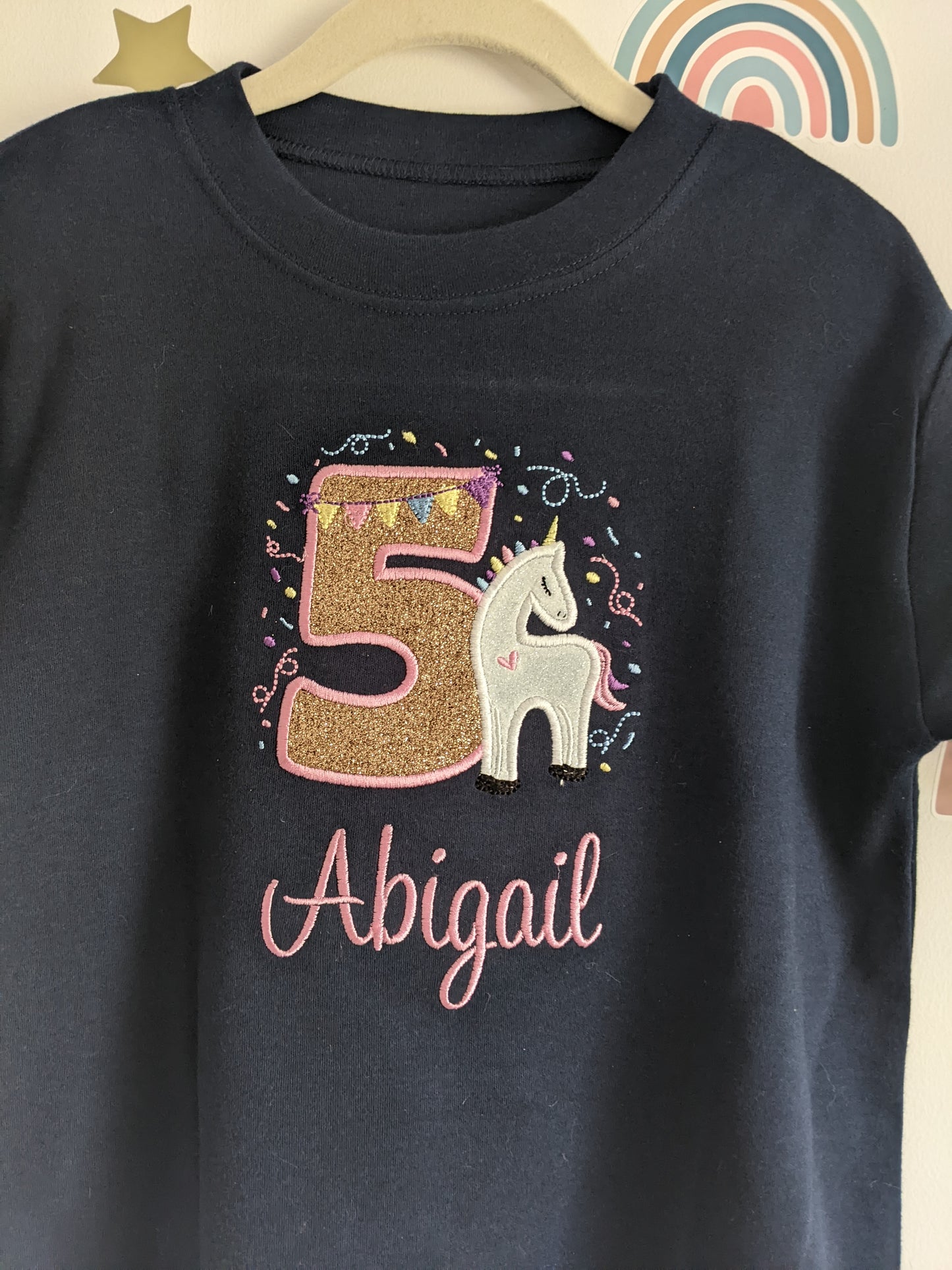 Children Personalised Birthday Tshirt with Unicorn Fiesta - Embroidery