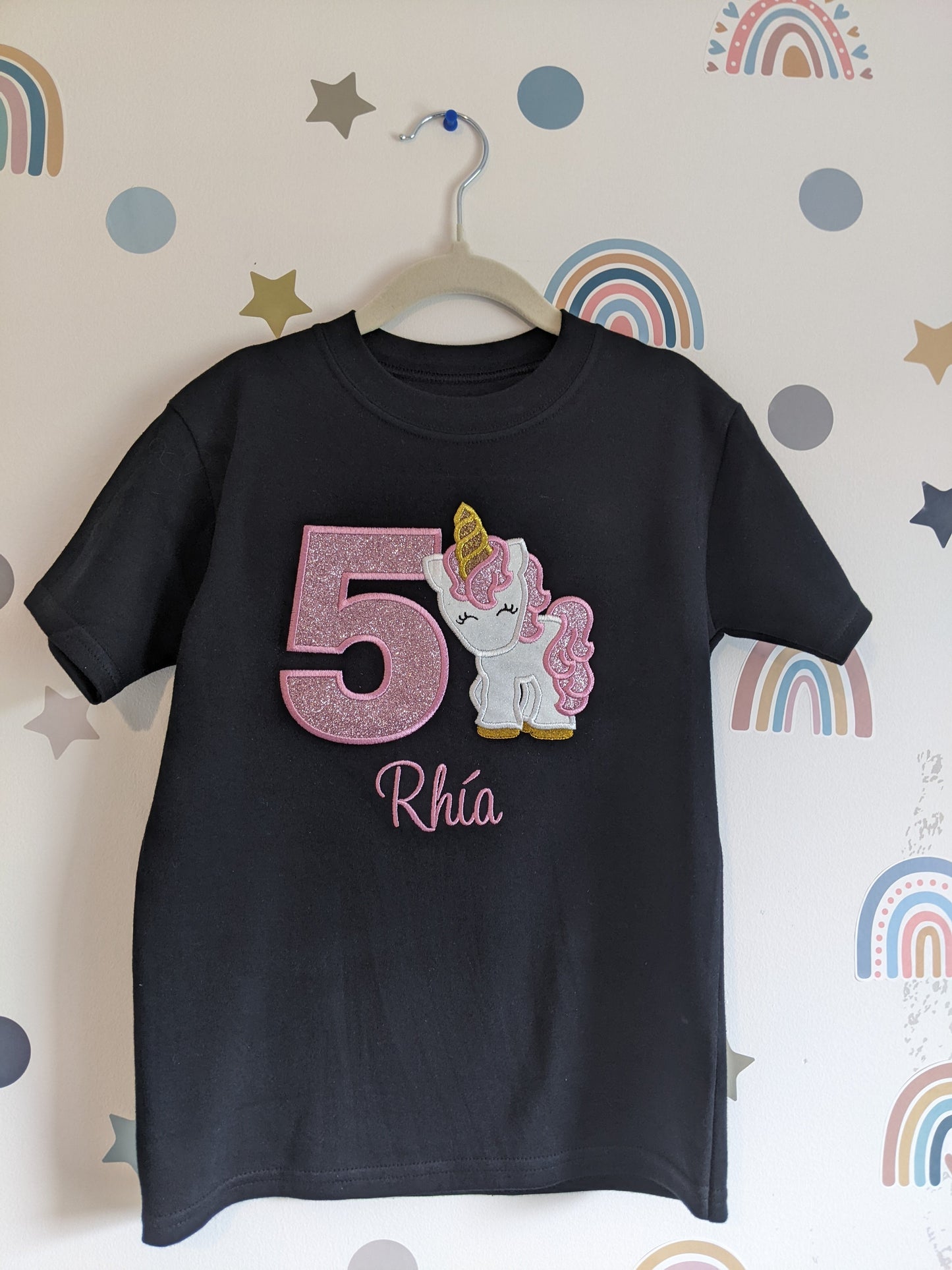 Children Personalised Birthday Tshirt with Cute Baby Unicorn - Embroidery