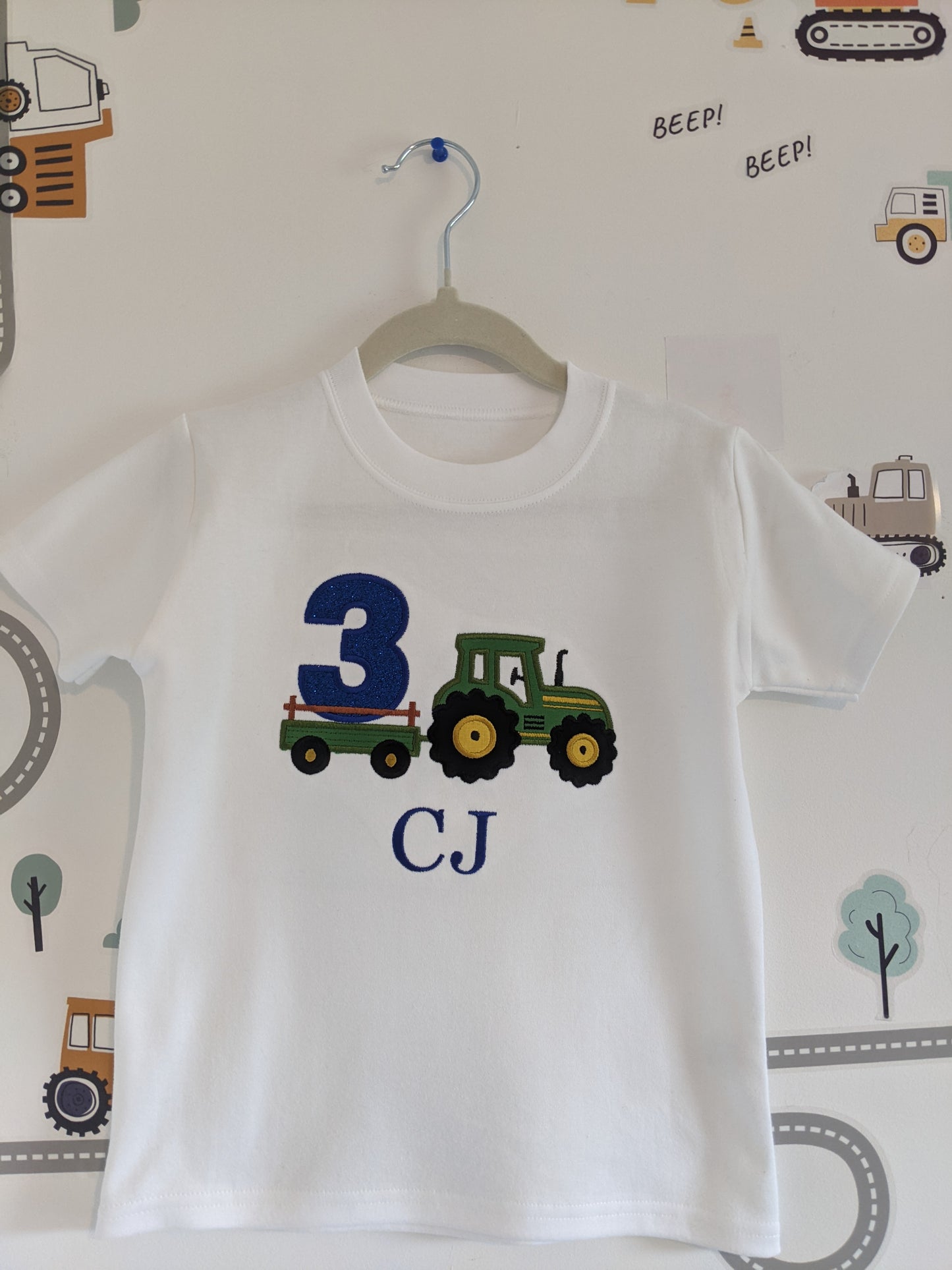 Children Personalised Birthday Tshirt with Tractor and Trailer - Embroidery