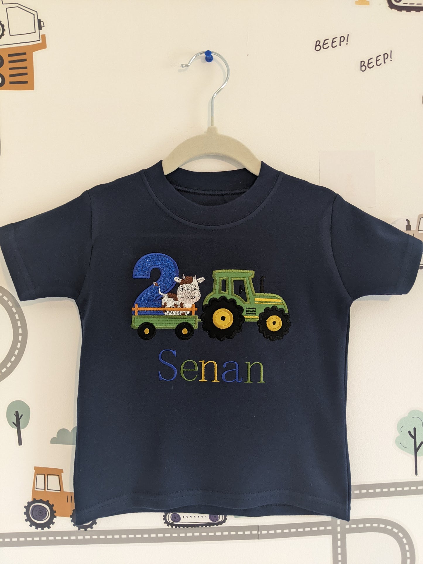 Children Personalised Birthday Tshirt with Tractor and cow on a Trailer - Embroidery