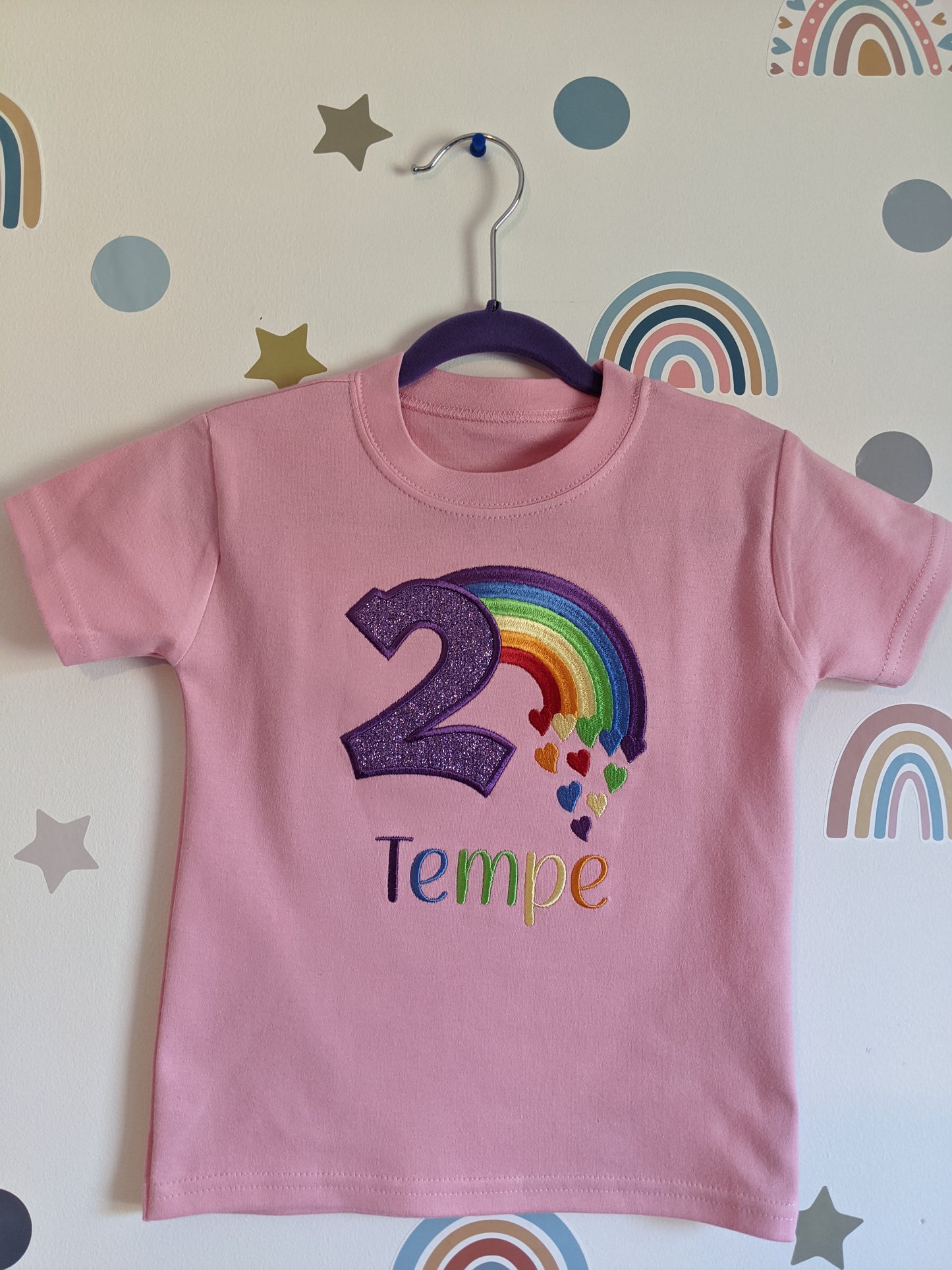 Children Personalised Birthday Tshirt with Rainbow and Hearts - Embroidery