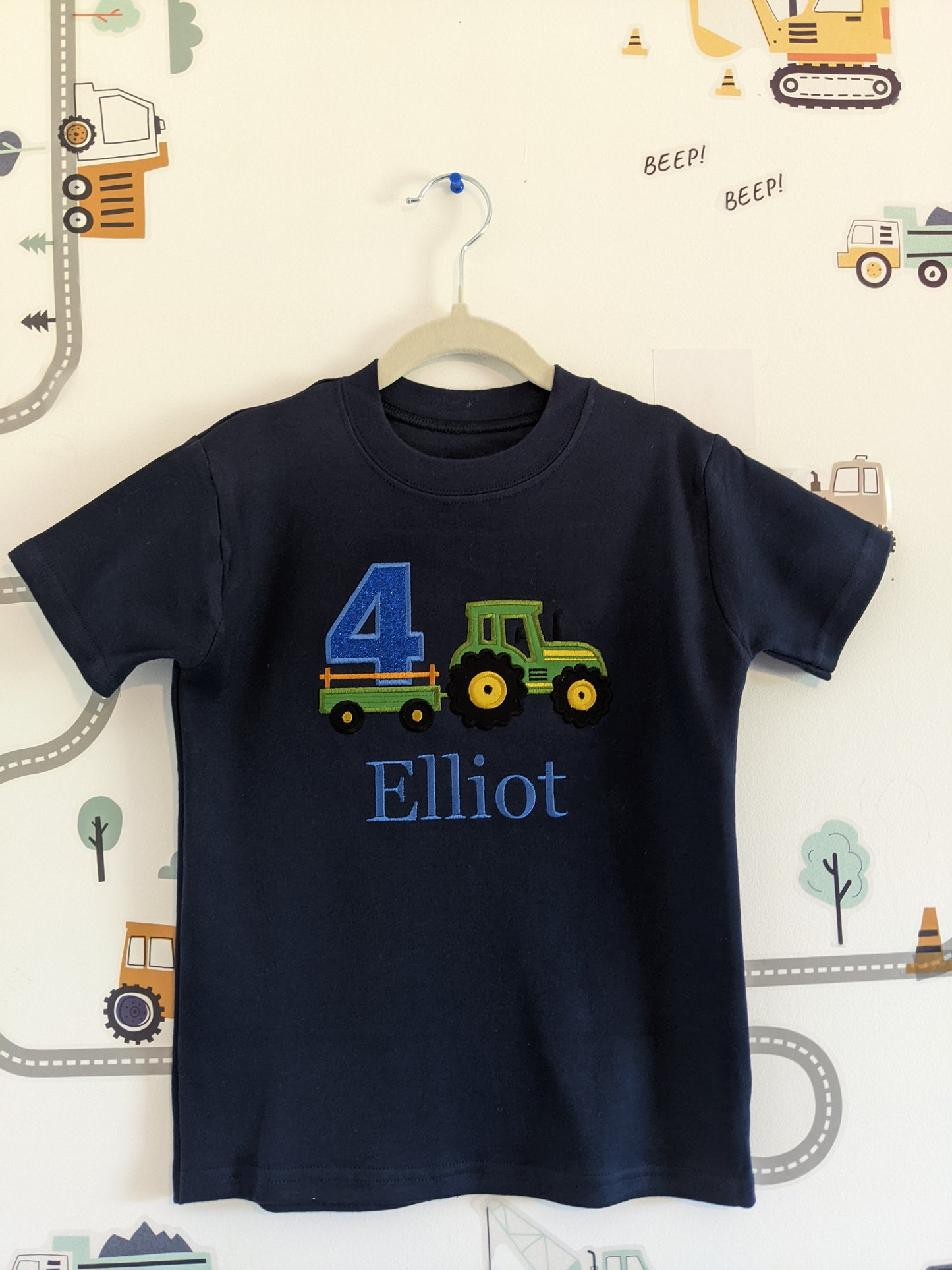 Children Personalised Birthday Tshirt with Tractor and Trailer - Embroidery