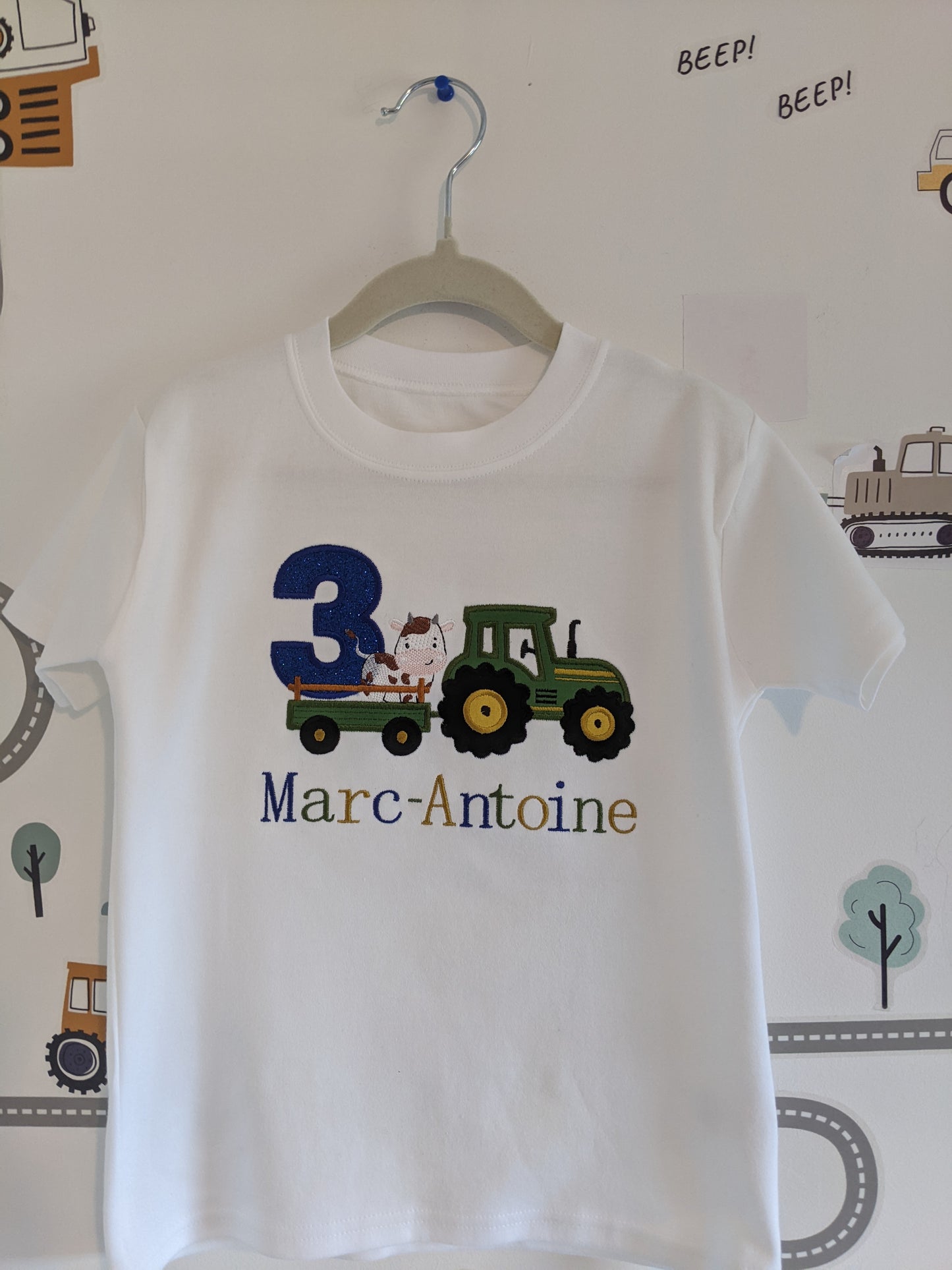 Children Personalised Birthday Tshirt with Tractor and cow on a Trailer - Embroidery