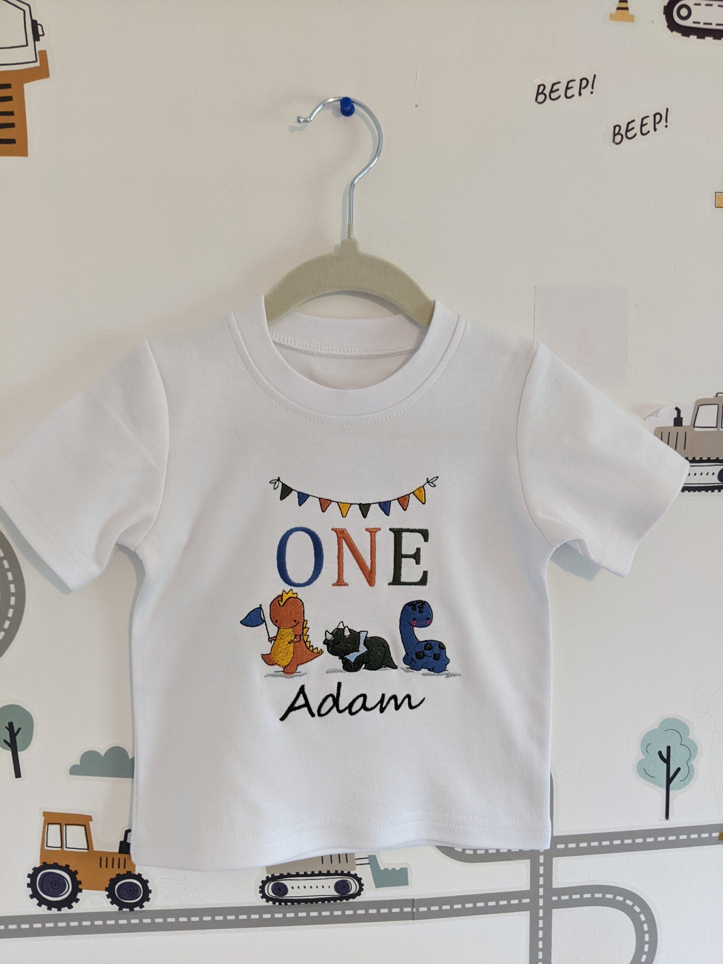Children Personalised tshirt with trio of dinosaurs Embroidery