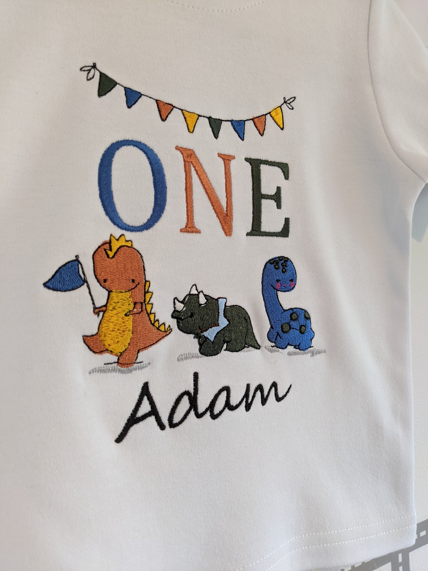 Children Personalised tshirt with trio of dinosaurs Embroidery