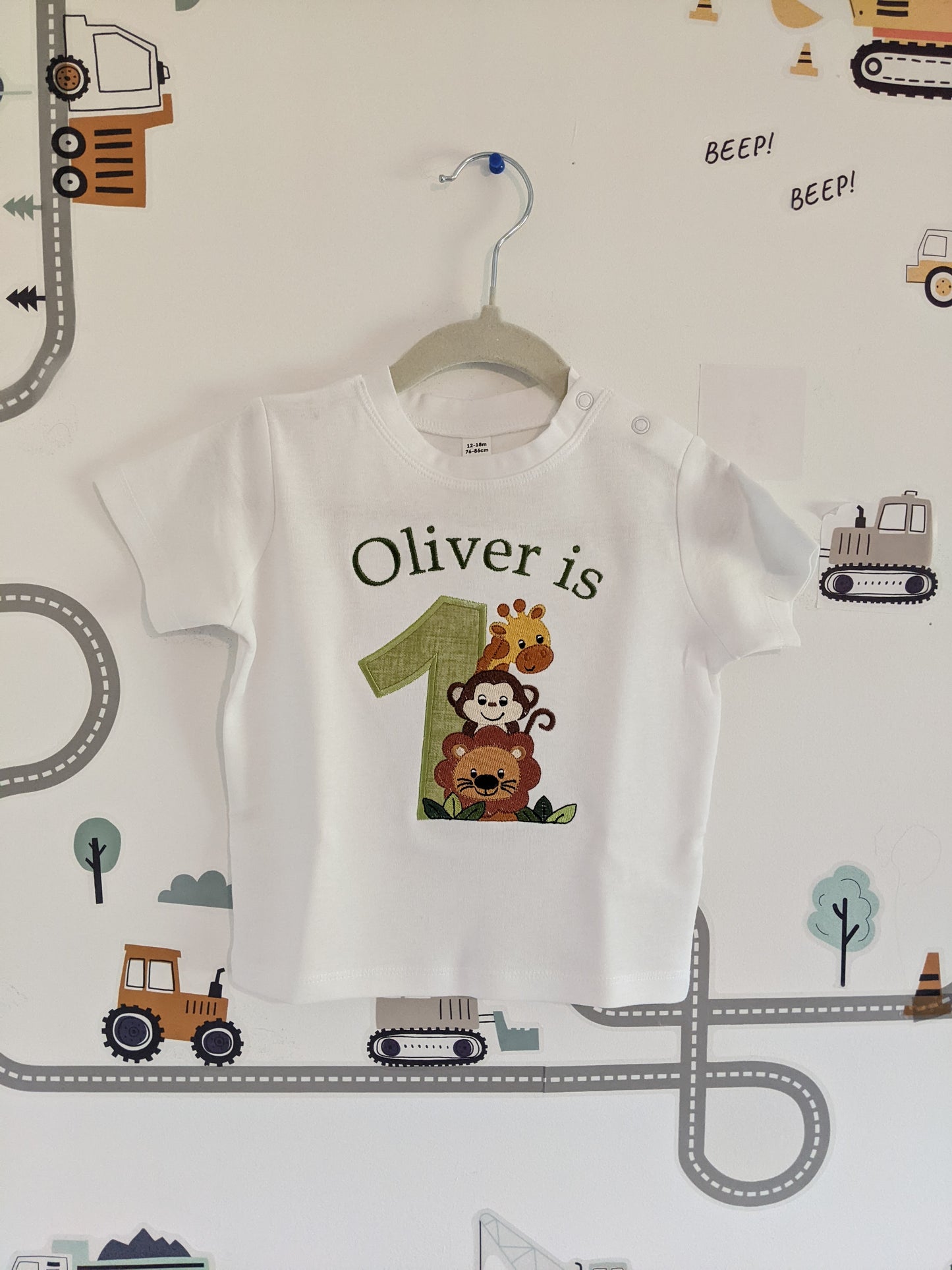 Monkey, Lion and Giraffe Personalised Birthday Tshirt Embroidery