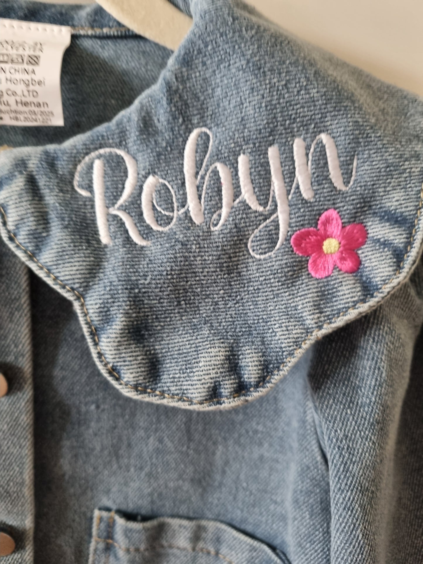 Children Personalised Light Blue Denim Jacket, collar and back embroidered