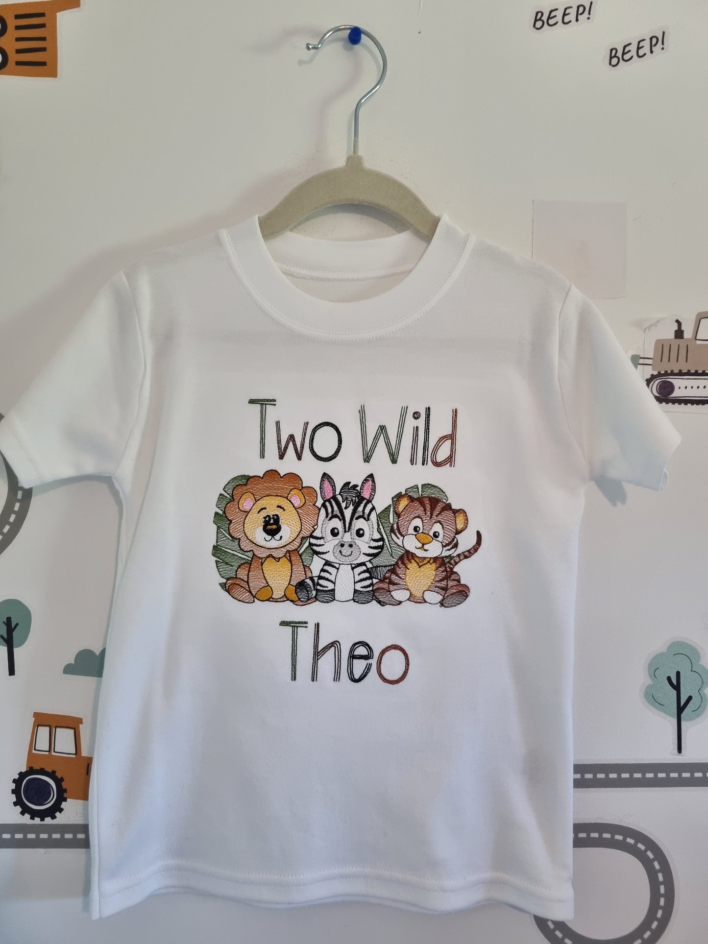 TWO WILD Children Personalised 2nd Birthday Tshirt with Safari Animals - Embroidery